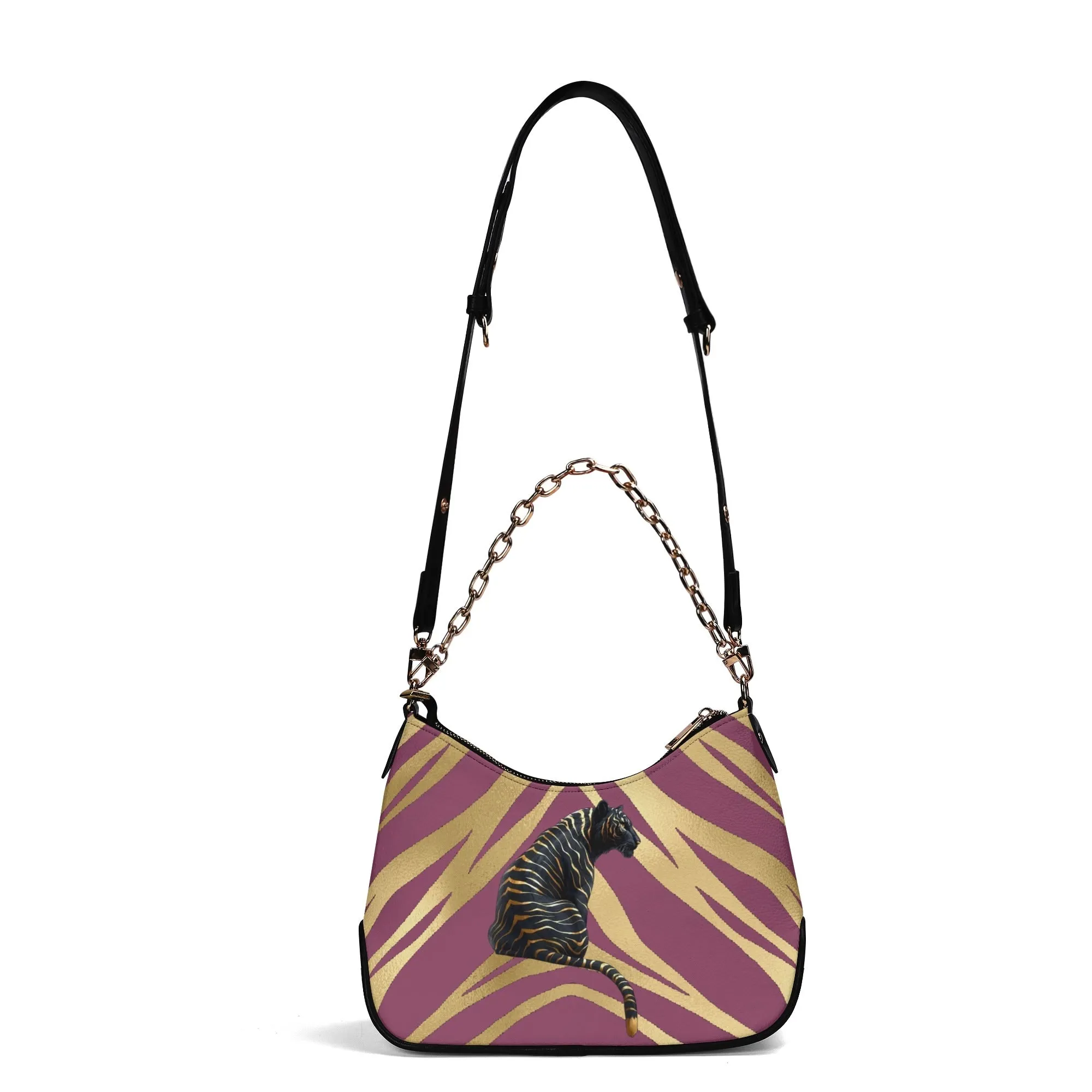 Gemstone Color and Gold Tiger Print Black and Gold Tiger Graphic Lady PU Shoulder Bag With Chain Decoration