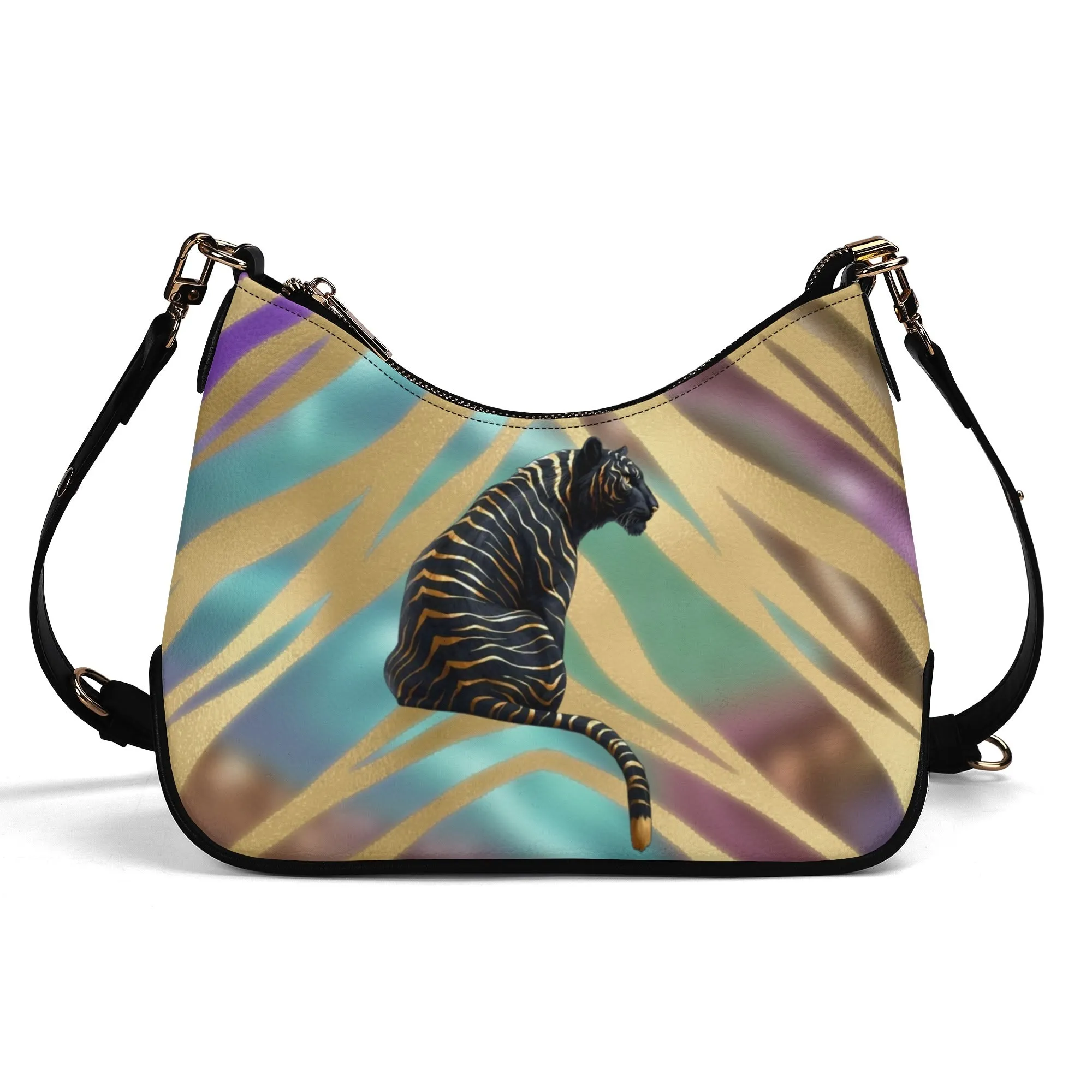 Gemstone Color and Gold Tiger Print Black and Gold Tiger Graphic Lady PU Shoulder Bag With Chain Decoration