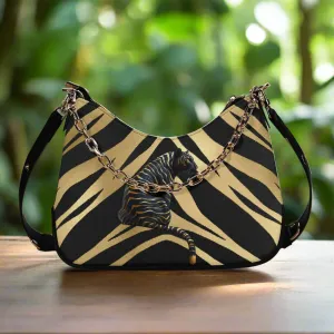 Gemstone Color and Gold Tiger Print Black and Gold Tiger Graphic Lady PU Shoulder Bag With Chain Decoration