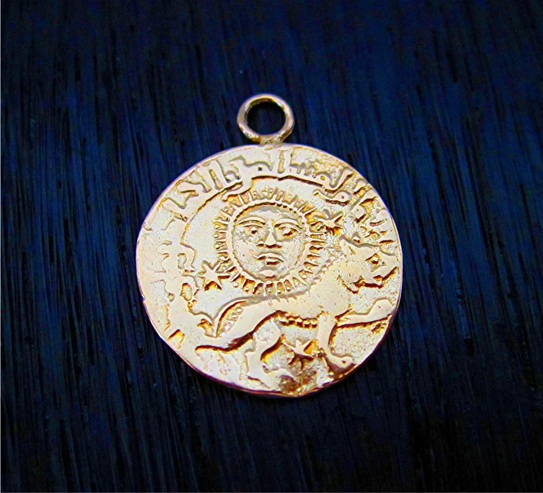Gold Bronze Sun and Lion Coin Pendant and Charm (one) (N)