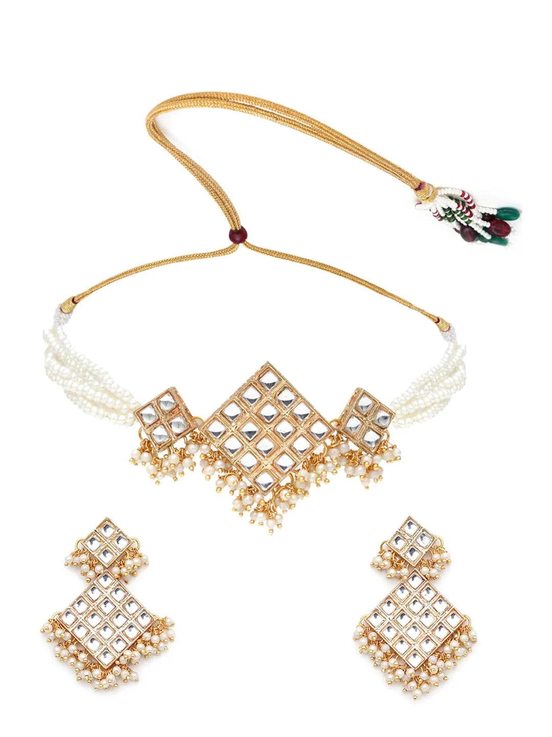 Gold-Plated & White Kundan & Beaded Choker Jewellery Set