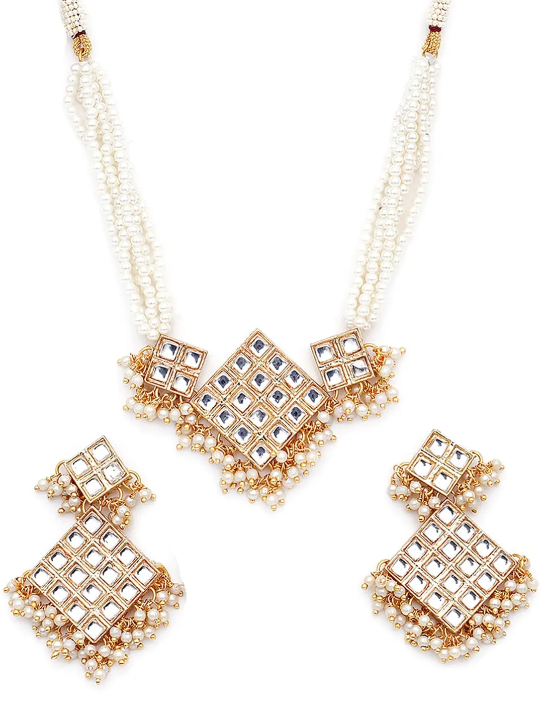 Gold-Plated & White Kundan & Beaded Choker Jewellery Set