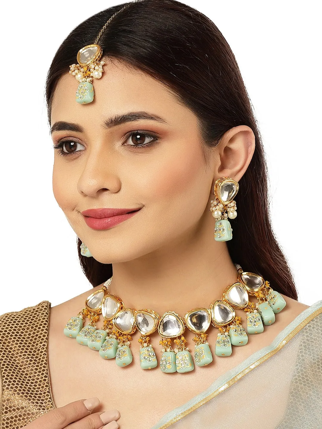 Gold-Plated White Kundan Polki Studded Beaded Jewellery Set