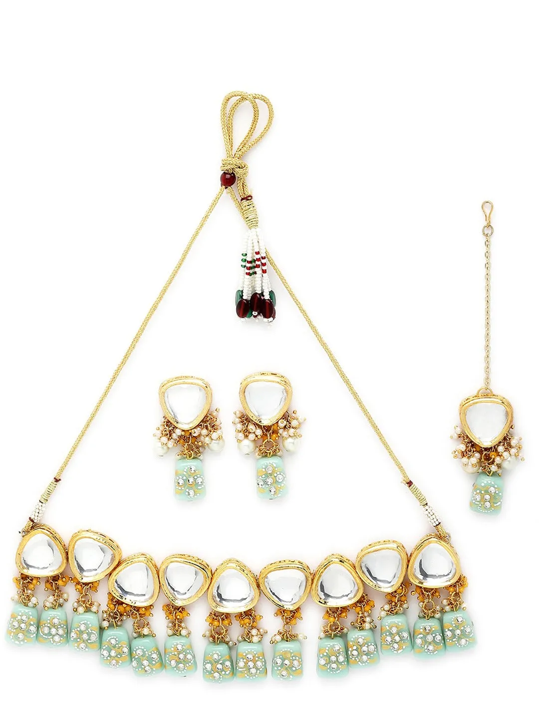 Gold-Plated White Kundan Polki Studded Beaded Jewellery Set