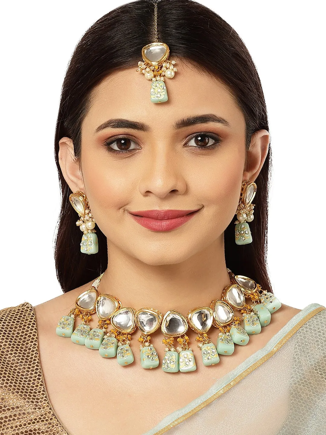 Gold-Plated White Kundan Polki Studded Beaded Jewellery Set