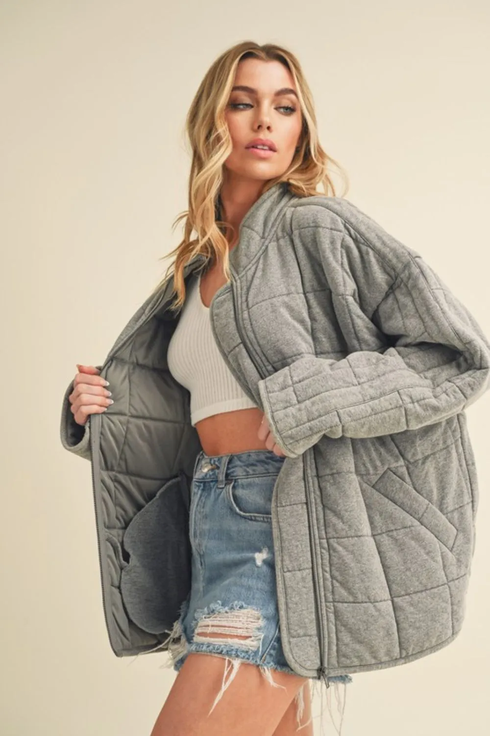 Gray Zip Up Drop Shoulder Quilted Washed Jacket