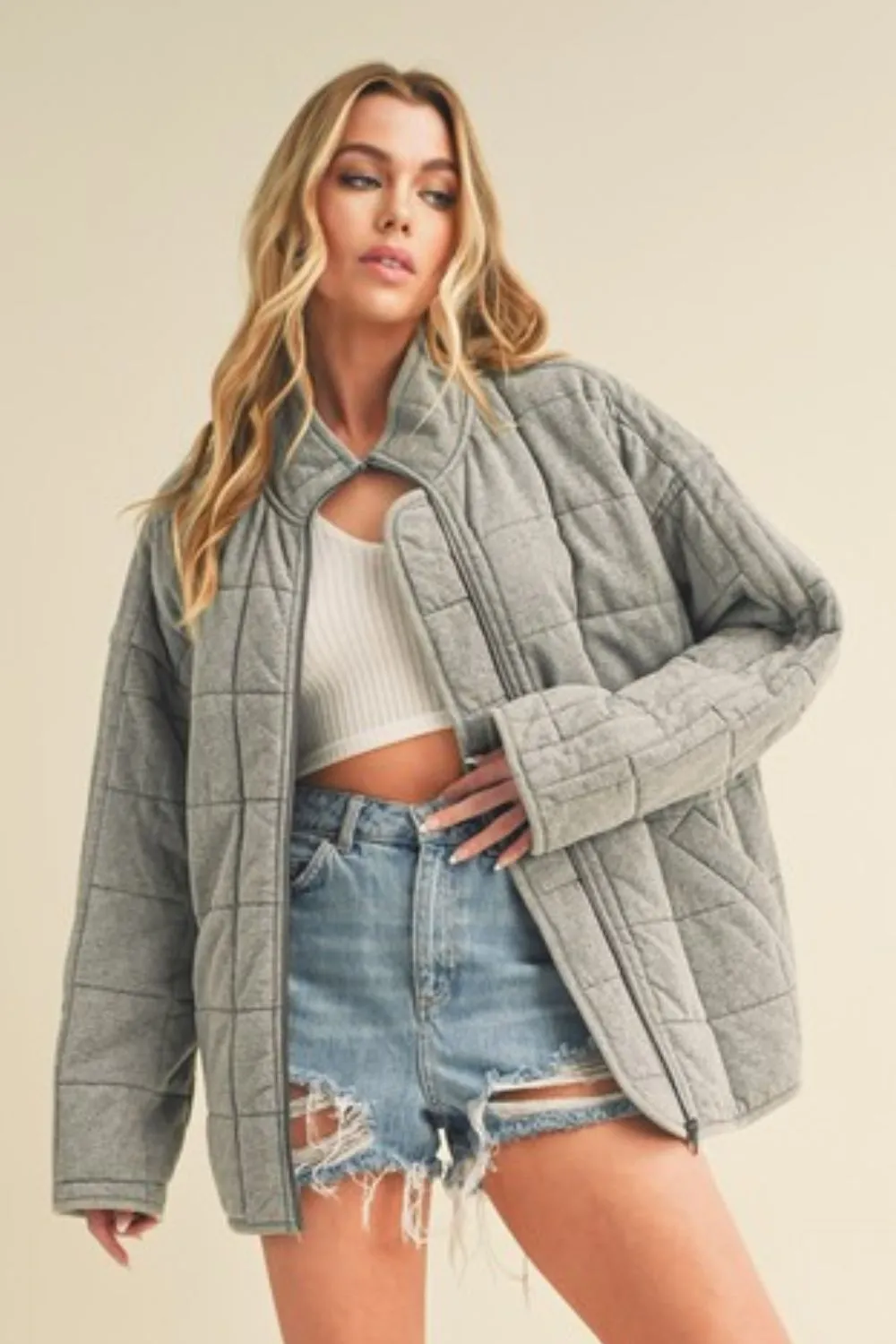 Gray Zip Up Drop Shoulder Quilted Washed Jacket