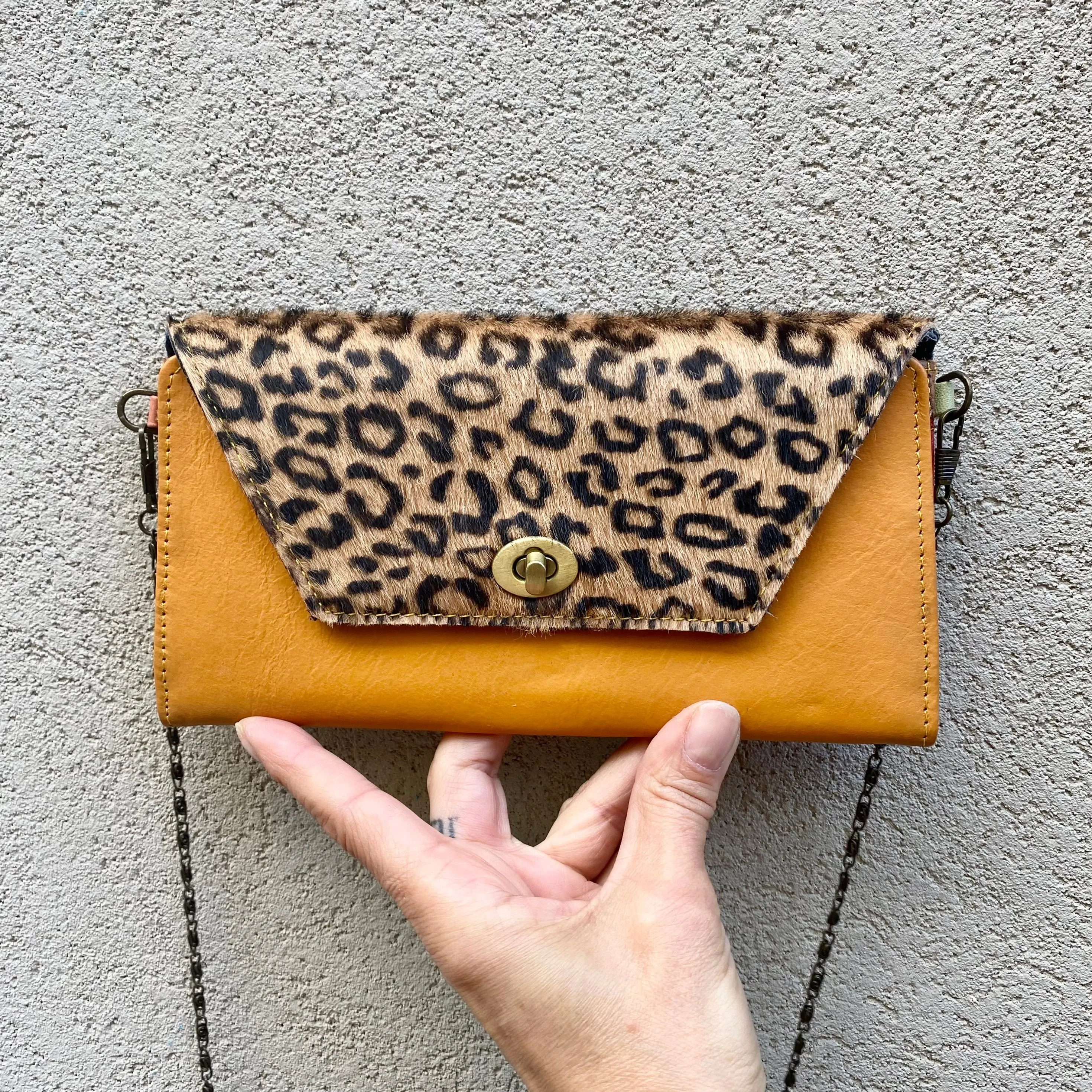 Harley Cowhide and Leather Crossbody Wallet Clutch - Leopard, Dark Tan