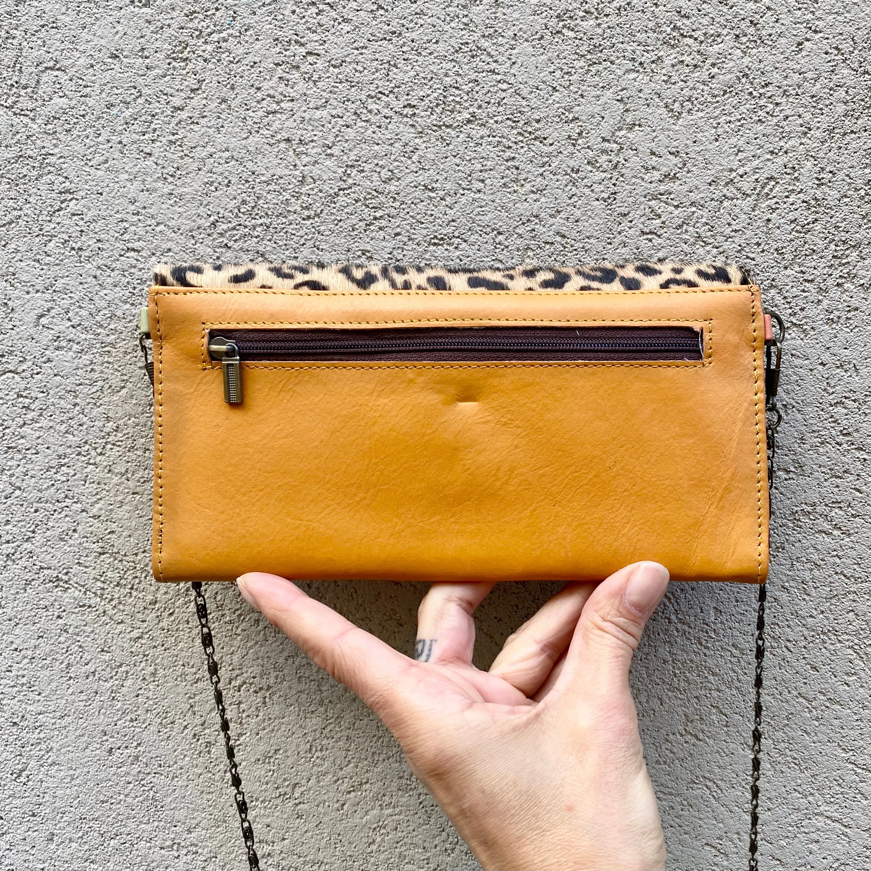 Harley Cowhide and Leather Crossbody Wallet Clutch - Leopard, Dark Tan