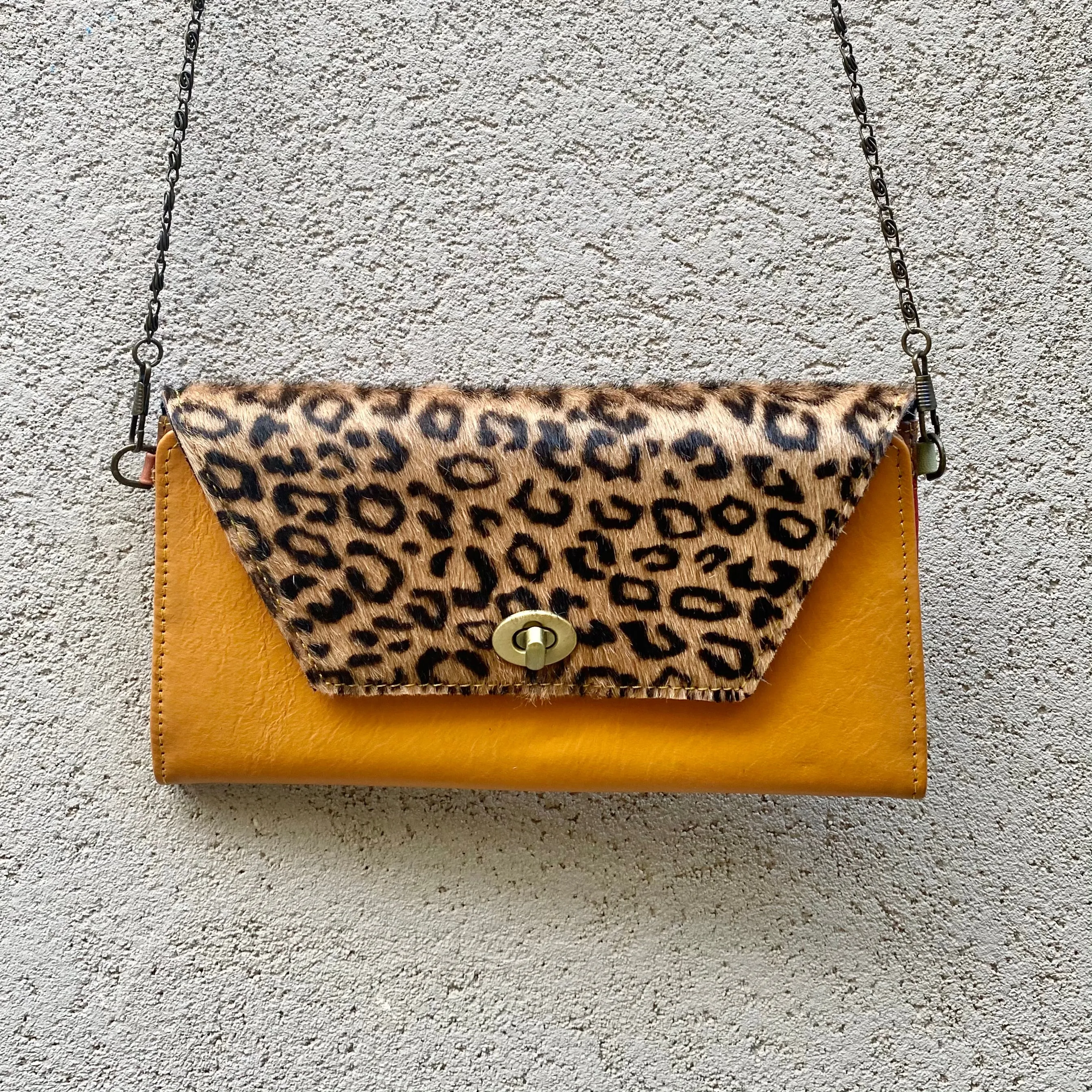 Harley Cowhide and Leather Crossbody Wallet Clutch - Leopard, Dark Tan