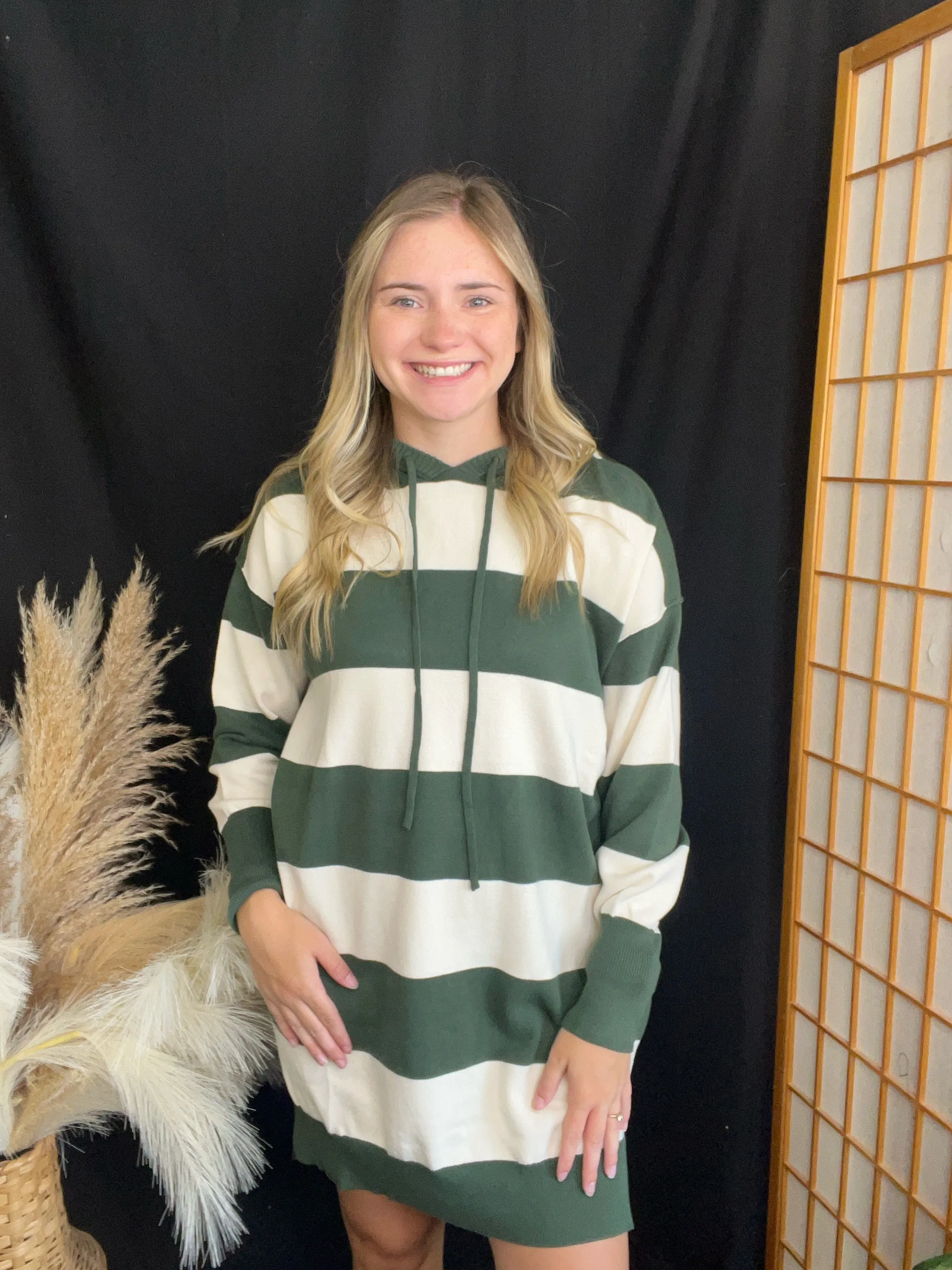 Hunter Green Striped Hooded Dress