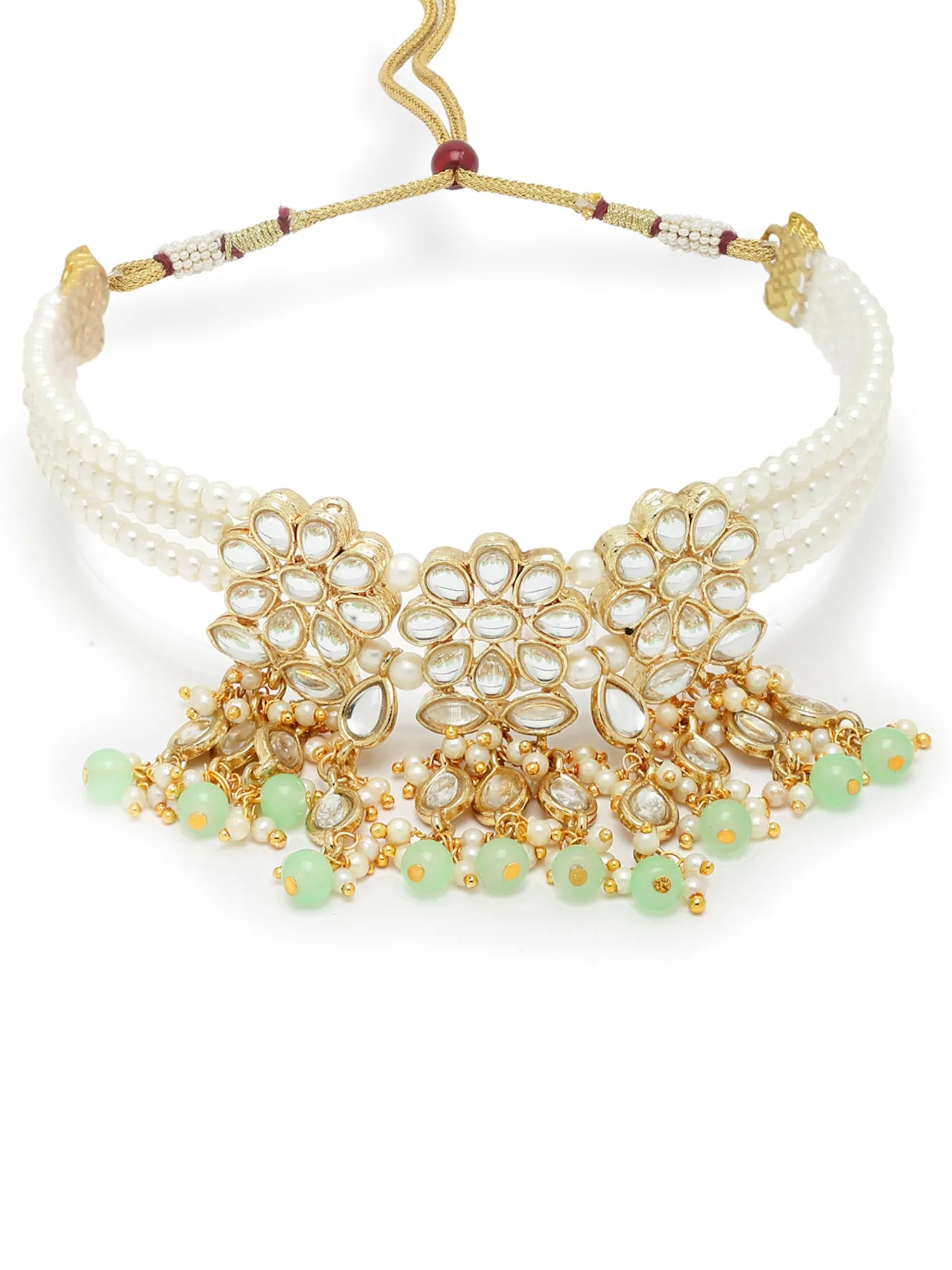 Karatcart Gold Plaed Light Green Beads Studded Floral Kundan Choker Neckalce Set