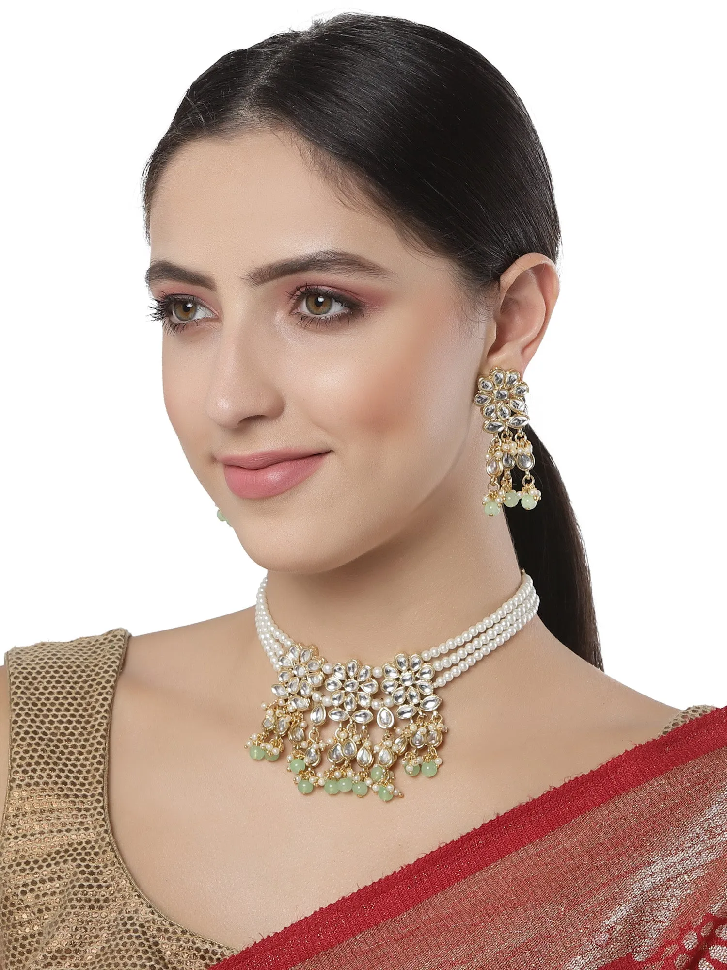 Karatcart Gold Plaed Light Green Beads Studded Floral Kundan Choker Neckalce Set