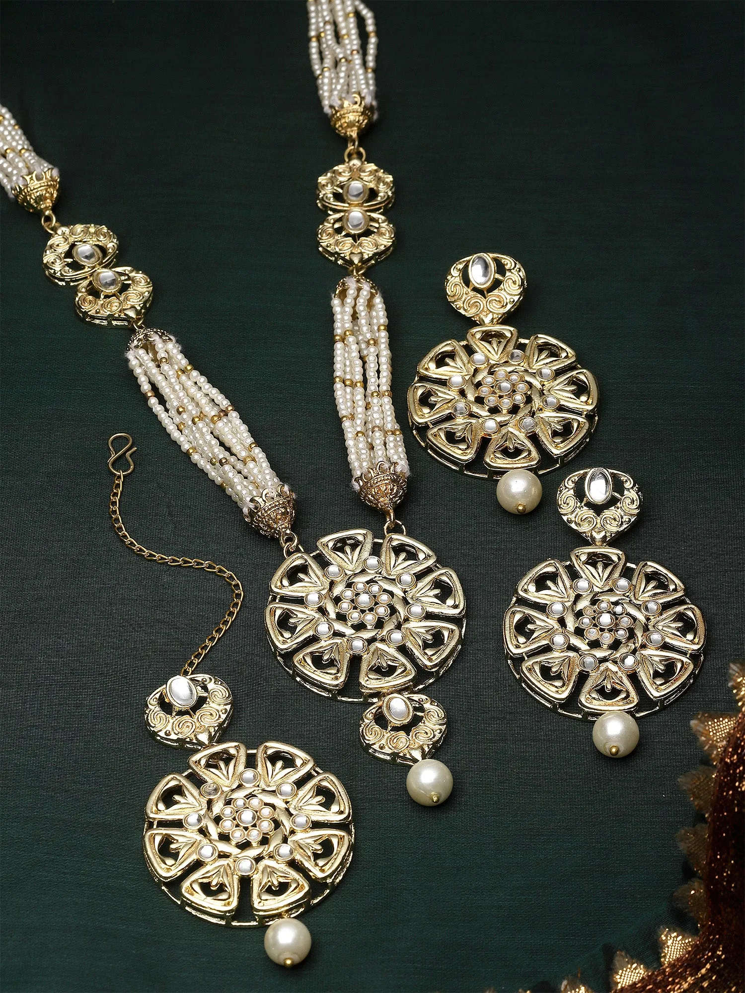 Karatcart Gold Plated Beaded Pearl and Kundan Rani Haar Necklace Set for Women
