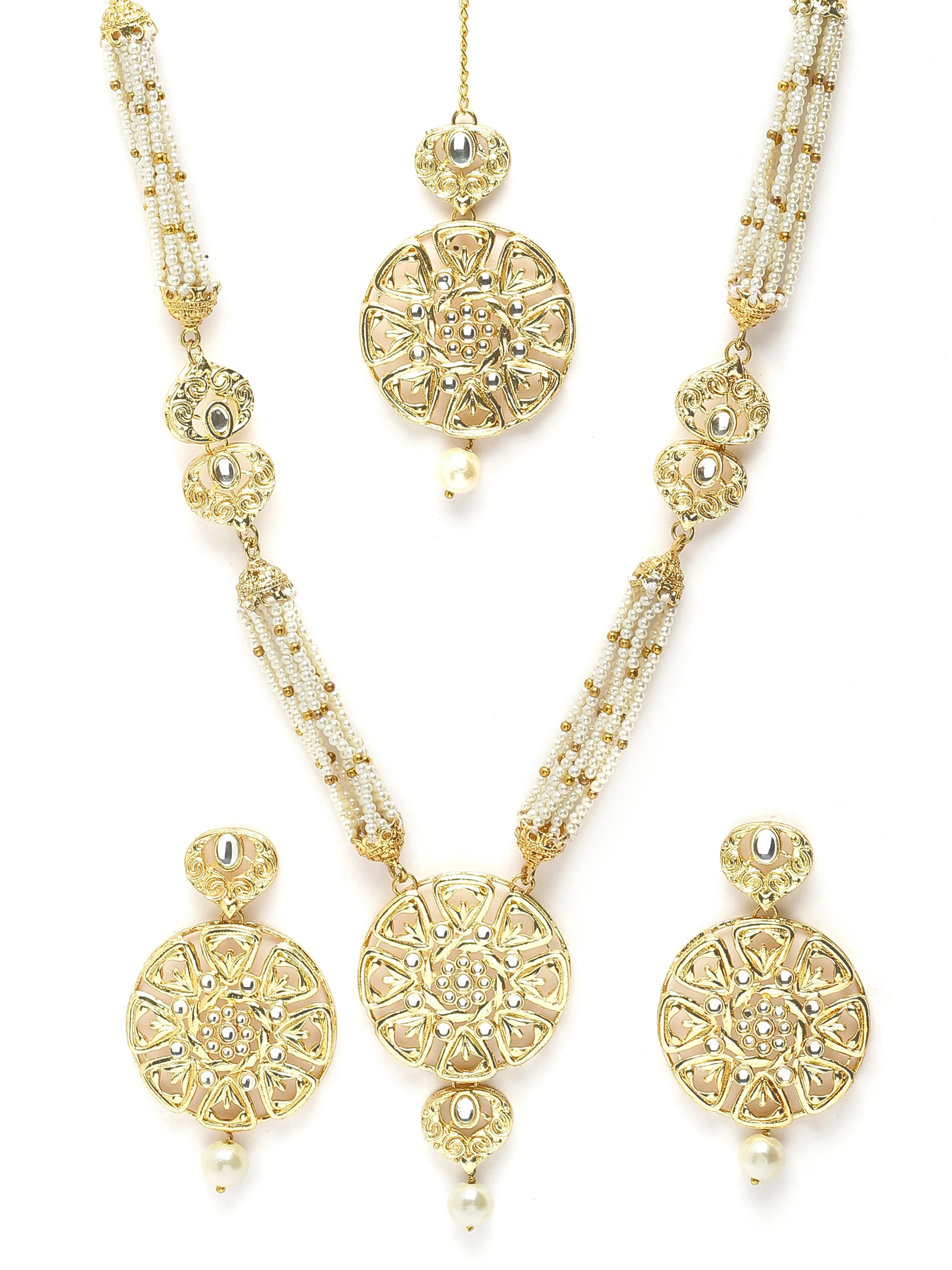 Karatcart Gold Plated Beaded Pearl and Kundan Rani Haar Necklace Set for Women