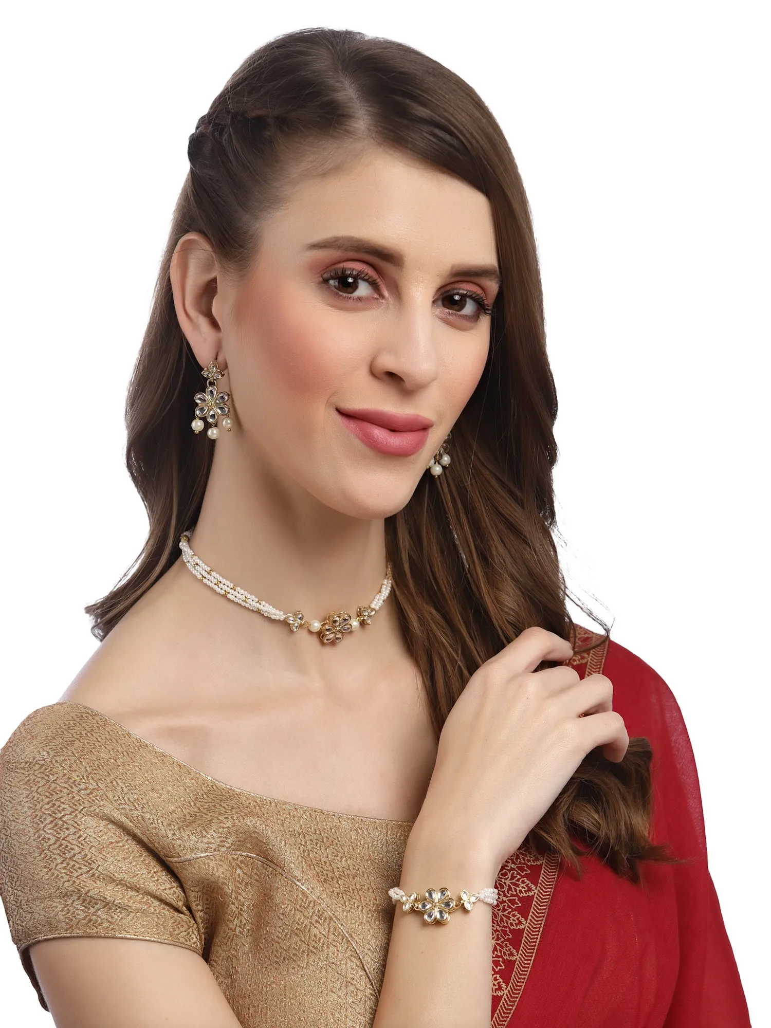 Karatcart Gold Plated Floral Pearl Beaded Choker Necklace with Earrings and Bracelet