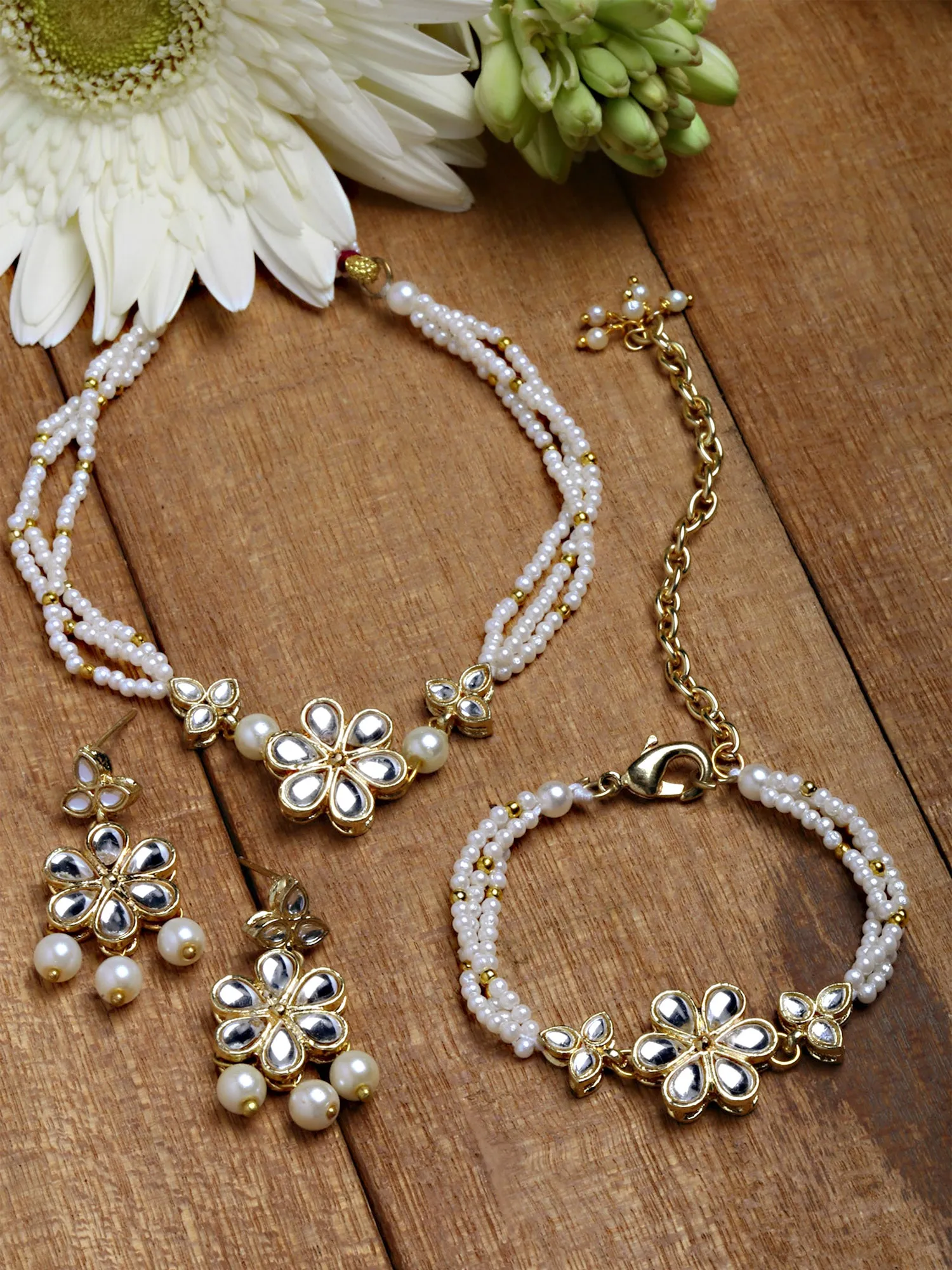 Karatcart Gold Plated Floral Pearl Beaded Choker Necklace with Earrings and Bracelet