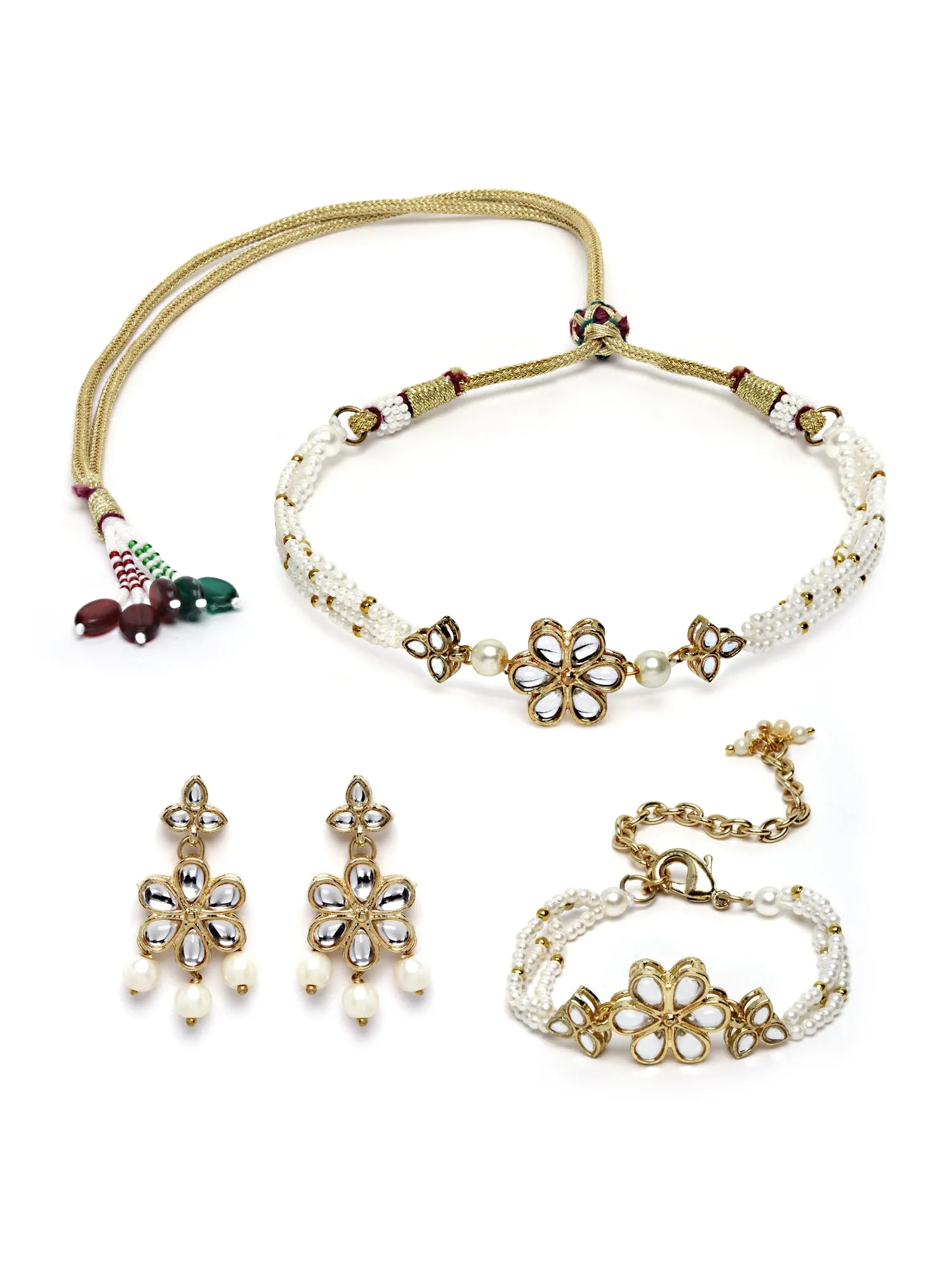 Karatcart Gold Plated Floral Pearl Beaded Choker Necklace with Earrings and Bracelet