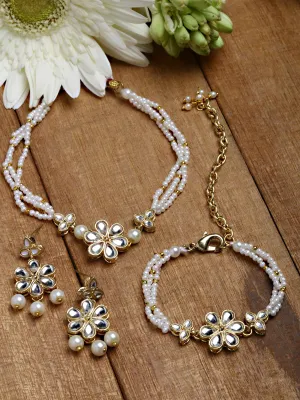 Karatcart Gold Plated Floral Pearl Beaded Choker Necklace with Earrings and Bracelet
