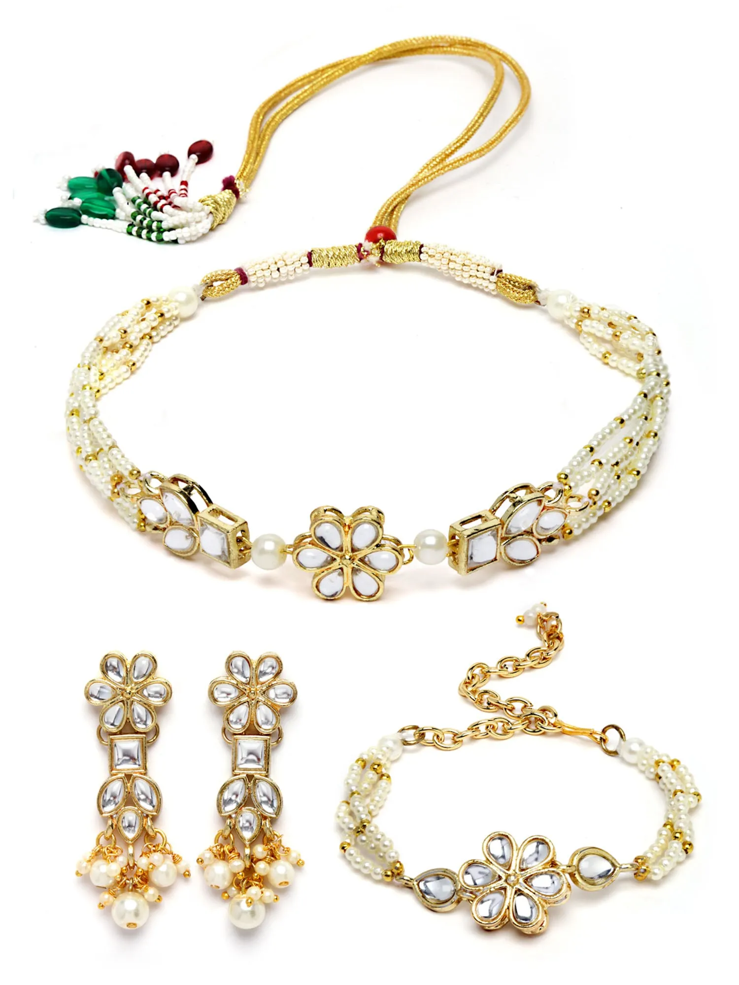 Karatcart Gold Plated Floral Shape Pearl Beaded Choker Necklace with Earrings and Bracelet