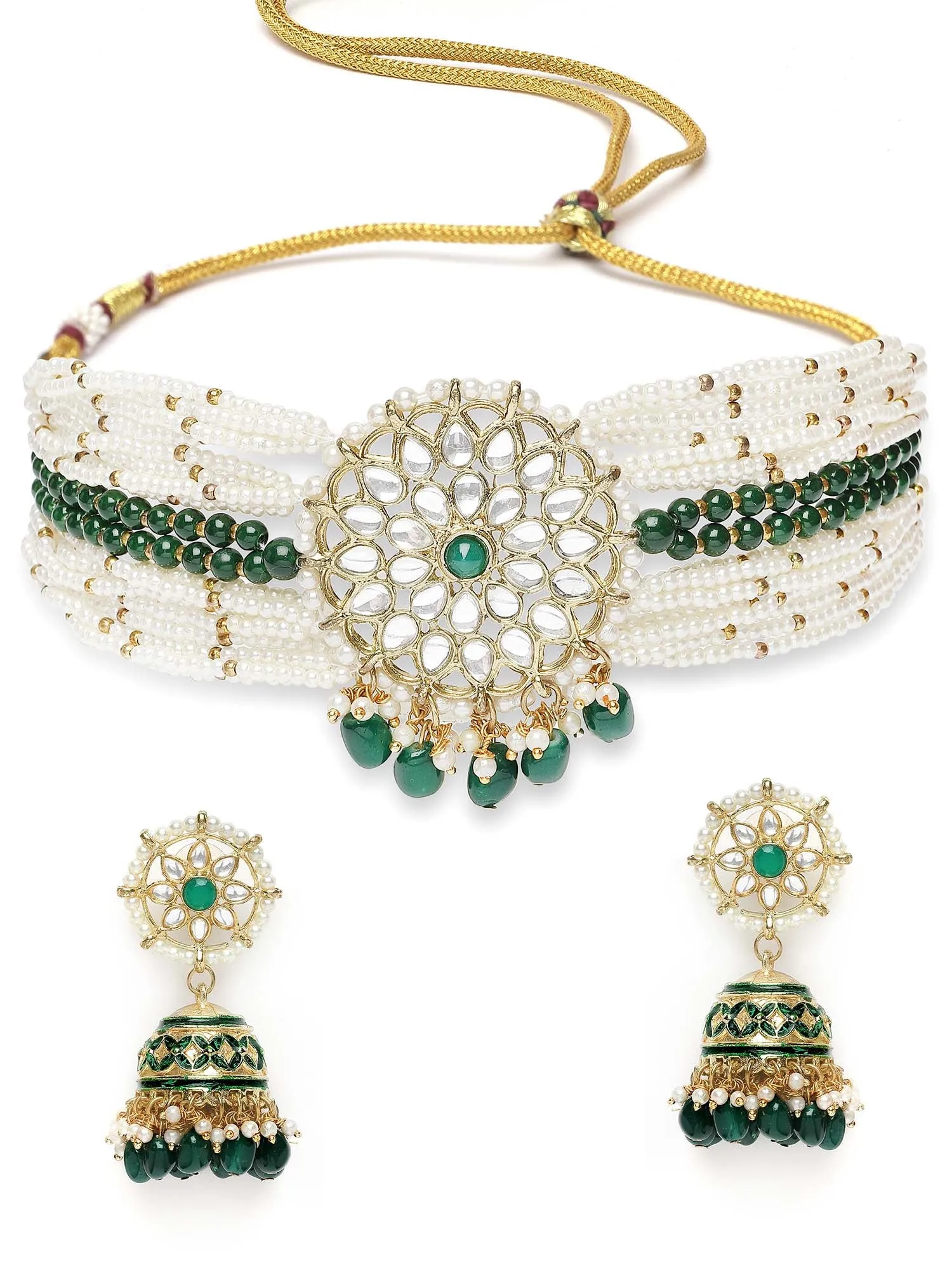 Karatcart Gold Plated Green Beads and Pearl Beaded Kundan Choker Necklace Set for Women