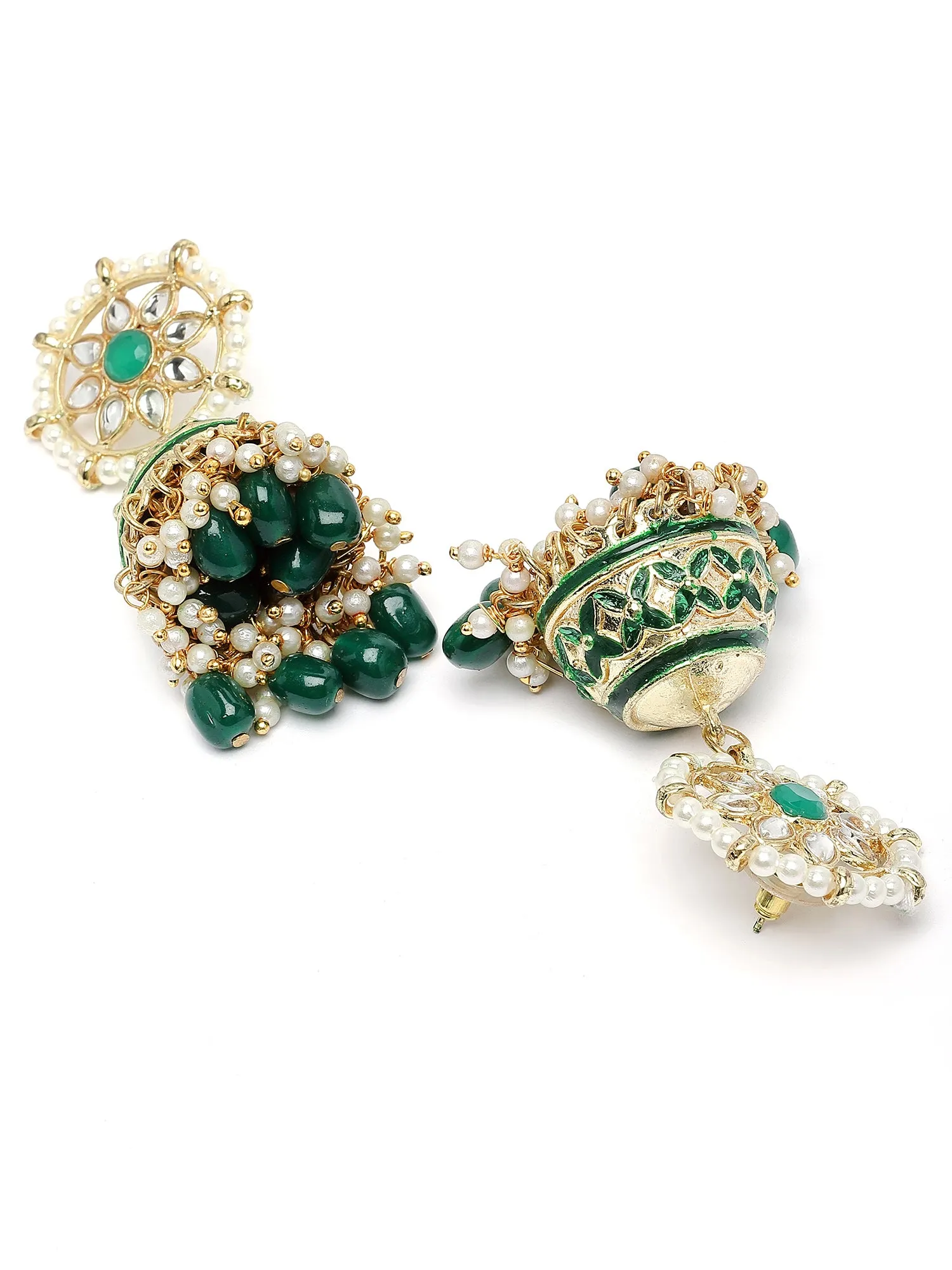Karatcart Gold Plated Green Beads and Pearl Beaded Kundan Choker Necklace Set for Women