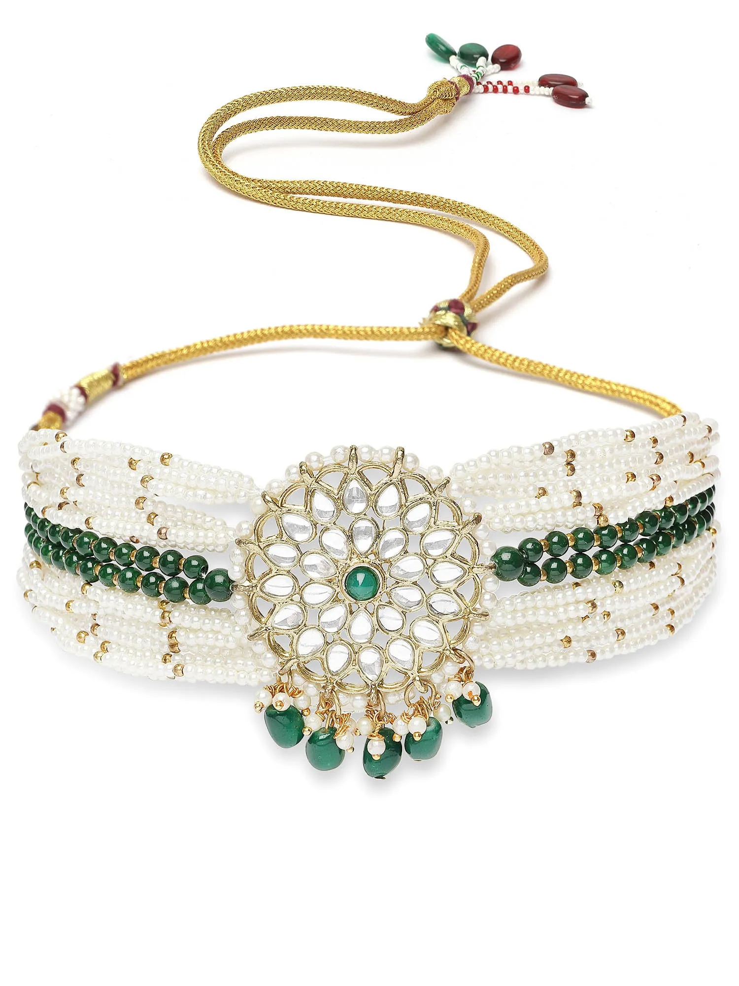 Karatcart Gold Plated Green Beads and Pearl Beaded Kundan Choker Necklace Set for Women