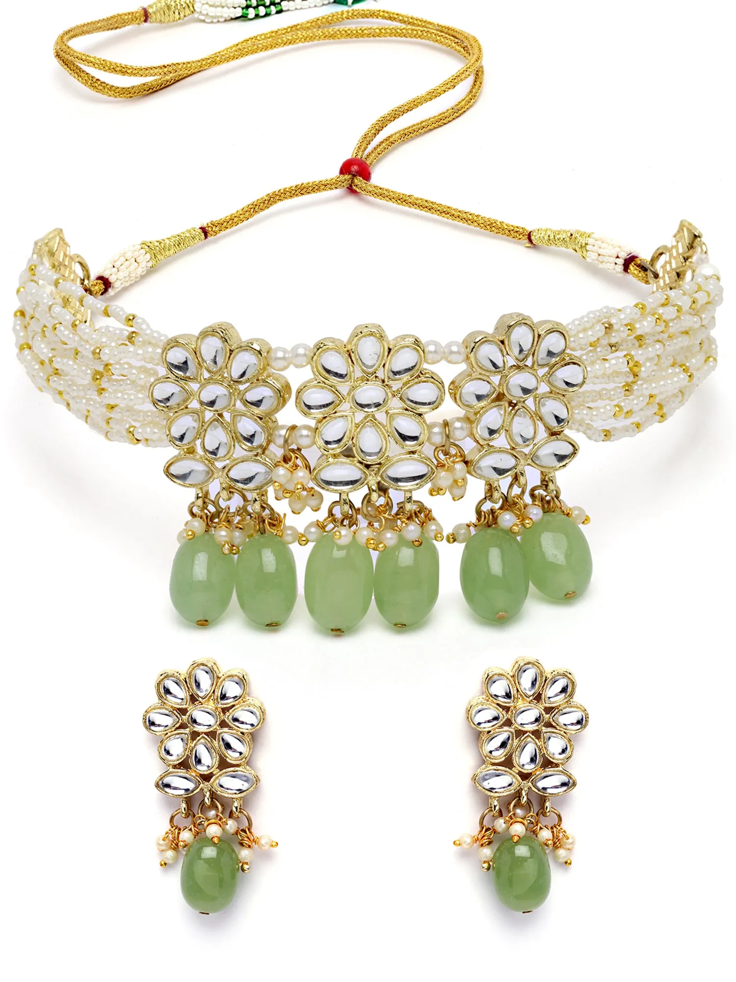 Karatcart Gold Plated Light Green Tumble Studded Pearl Beaded Kundan Choker Necklace Set for Women