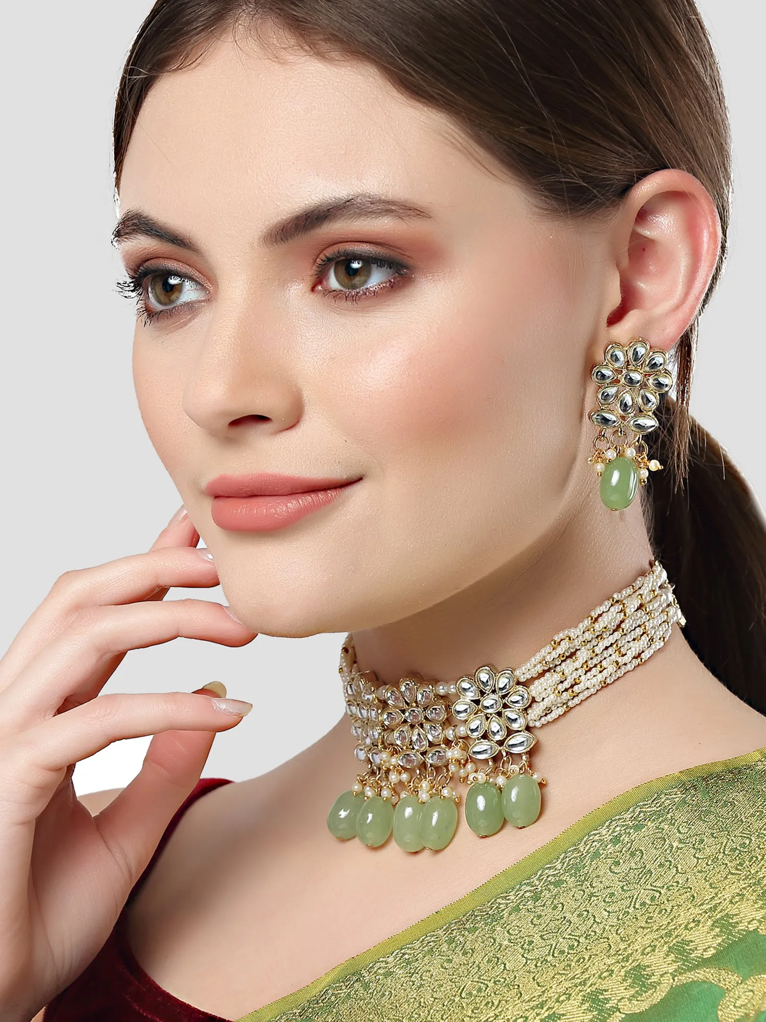 Karatcart Gold Plated Light Green Tumble Studded Pearl Beaded Kundan Choker Necklace Set for Women