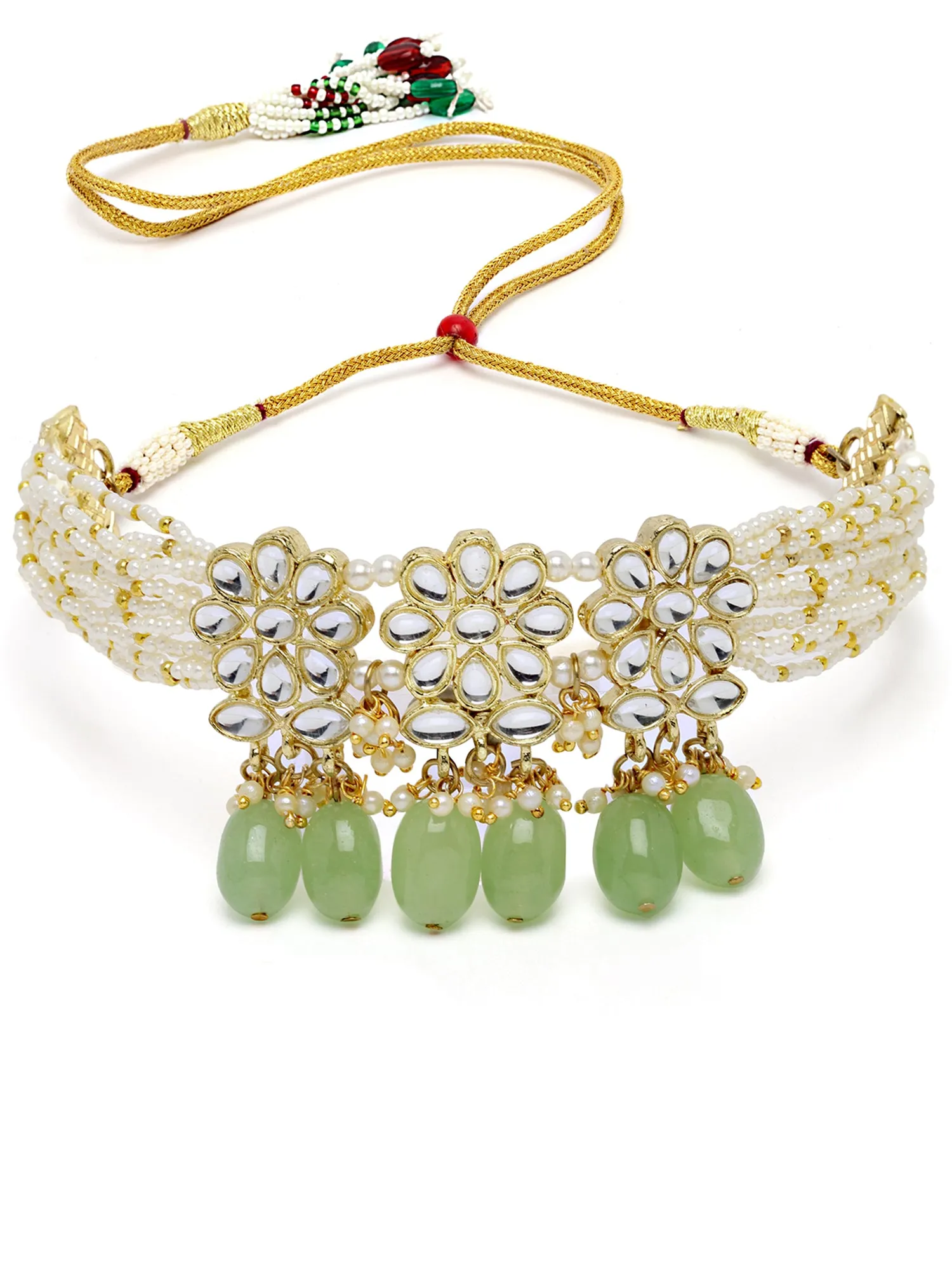 Karatcart Gold Plated Light Green Tumble Studded Pearl Beaded Kundan Choker Necklace Set for Women