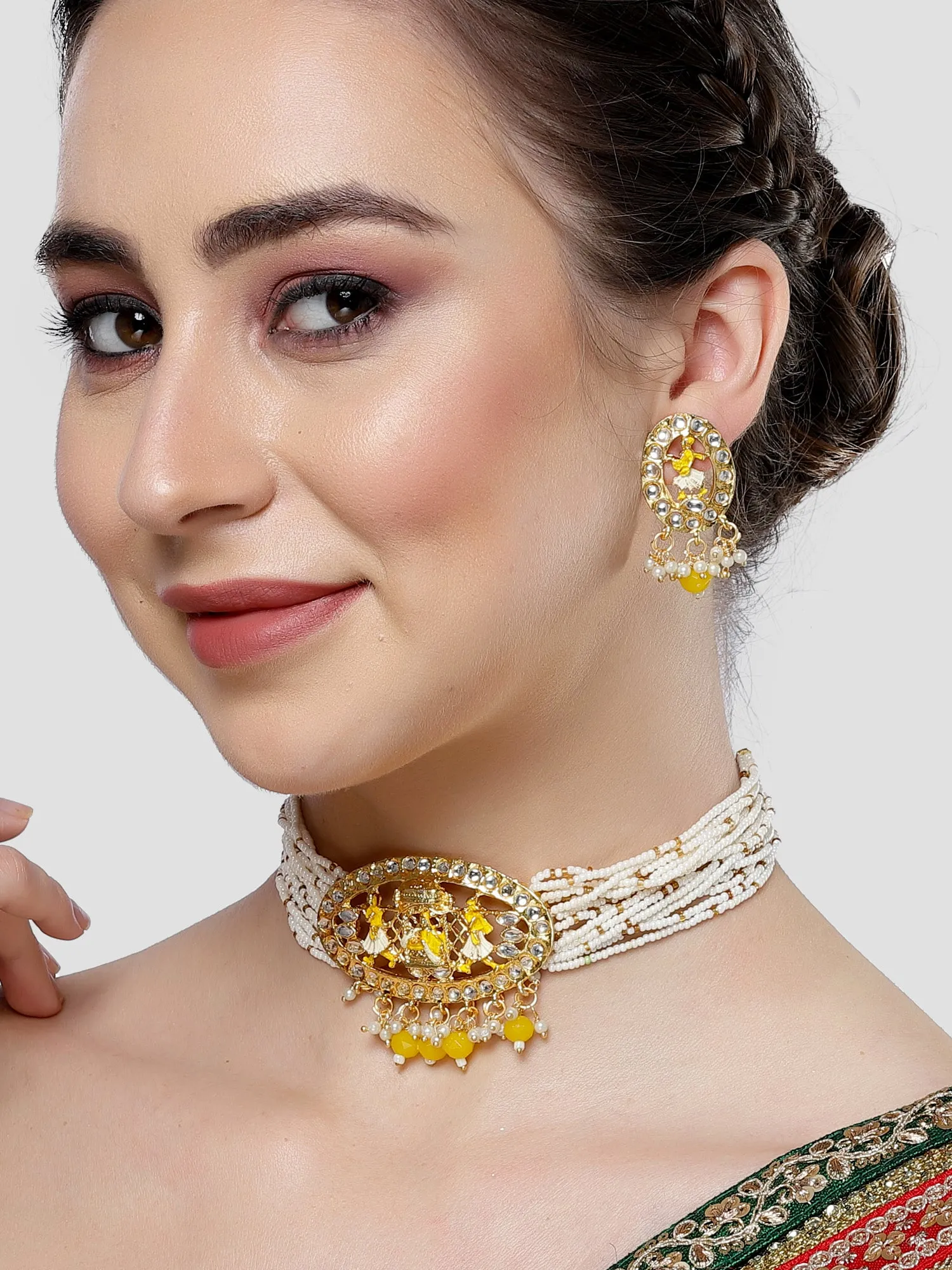 Karatcart Gold Plated Yellow Dulhan Doli Design Choker Necklace Set for Women