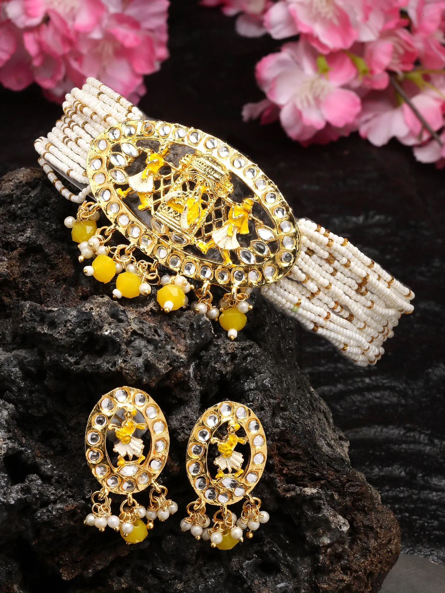 Karatcart Gold Plated Yellow Dulhan Doli Design Choker Necklace Set for Women