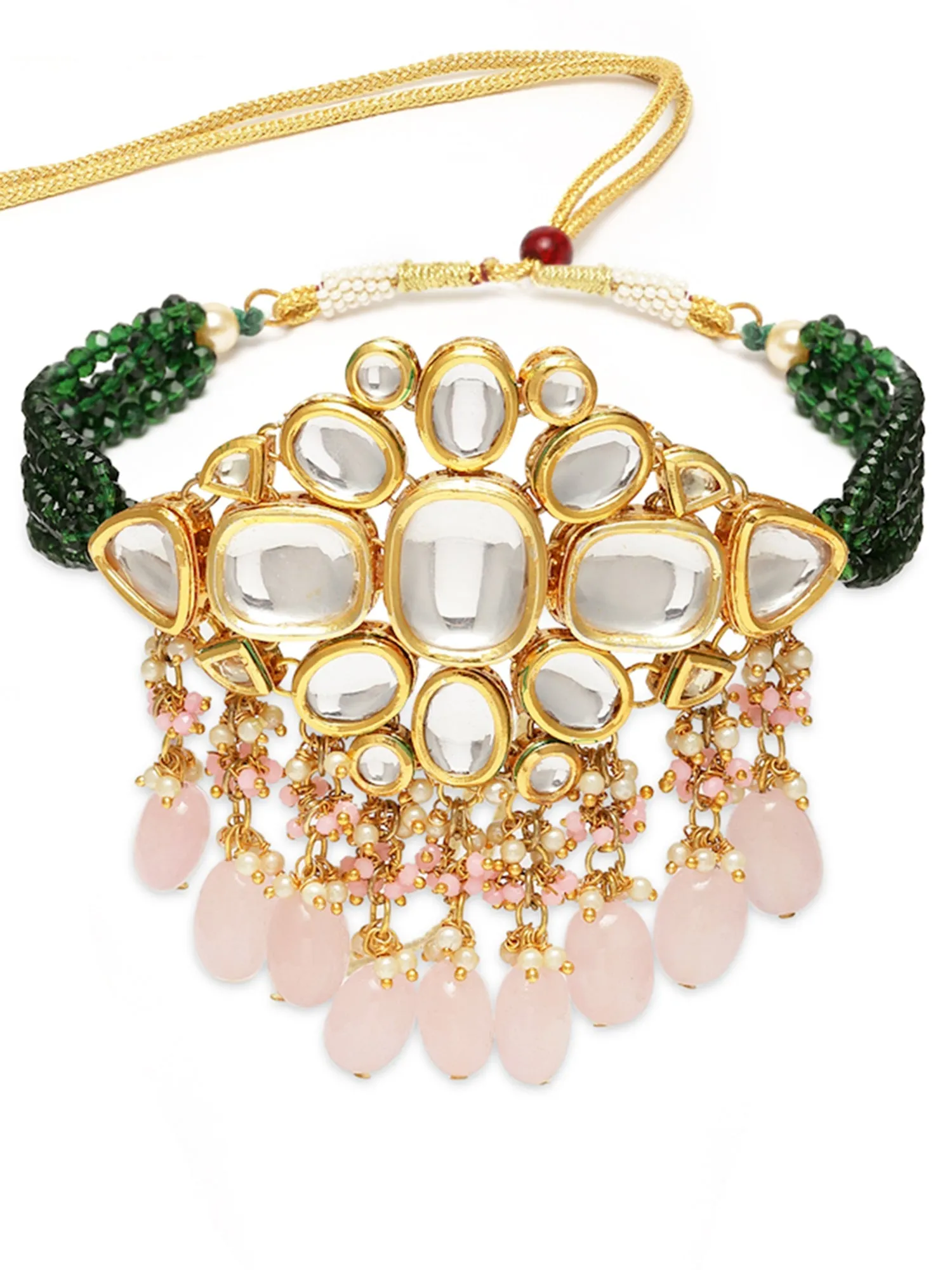Karatcart Gold Polki Kundan Pink Tumble Choker Necklace Setfor Women