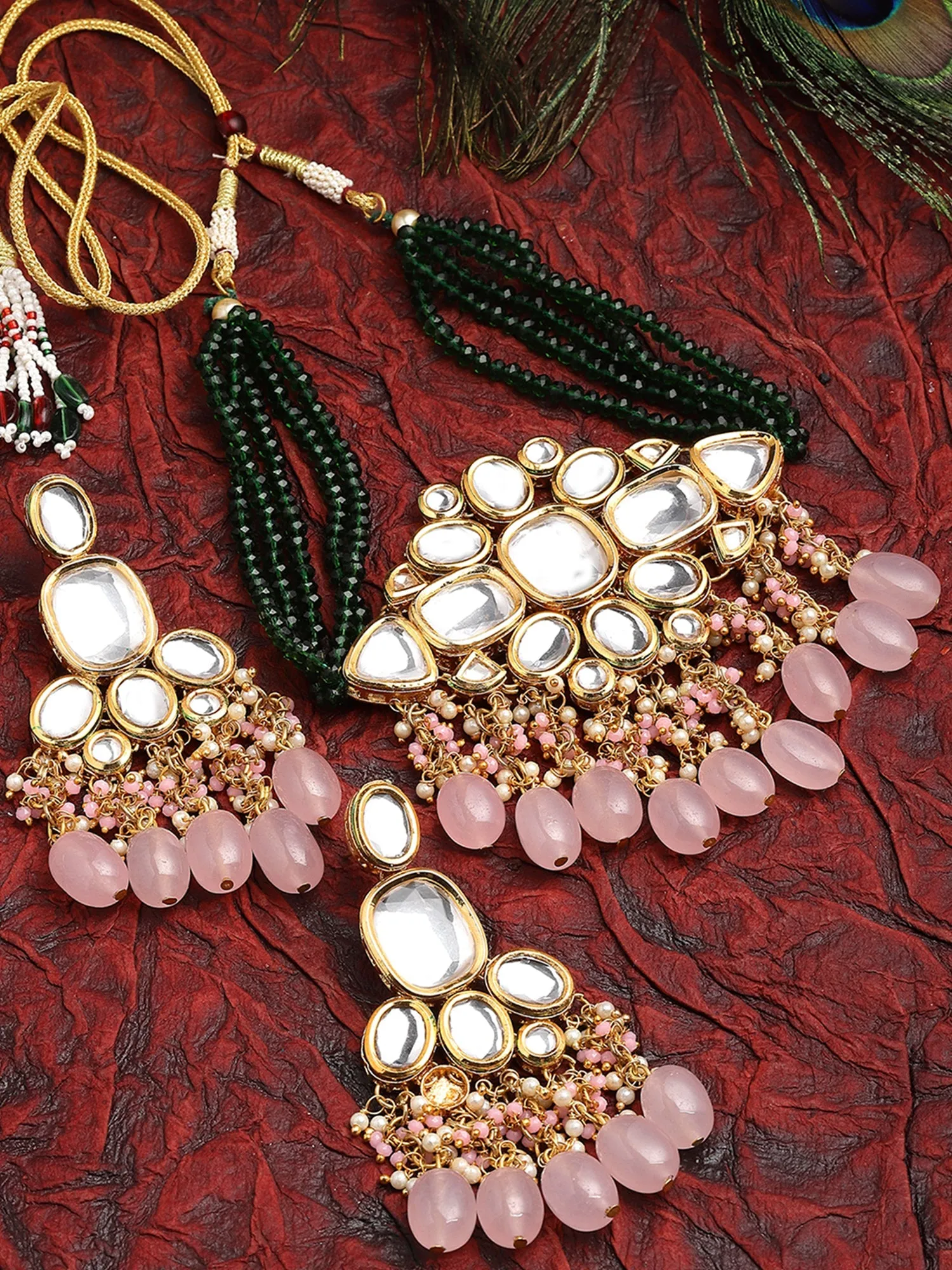 Karatcart Gold Polki Kundan Pink Tumble Choker Necklace Setfor Women