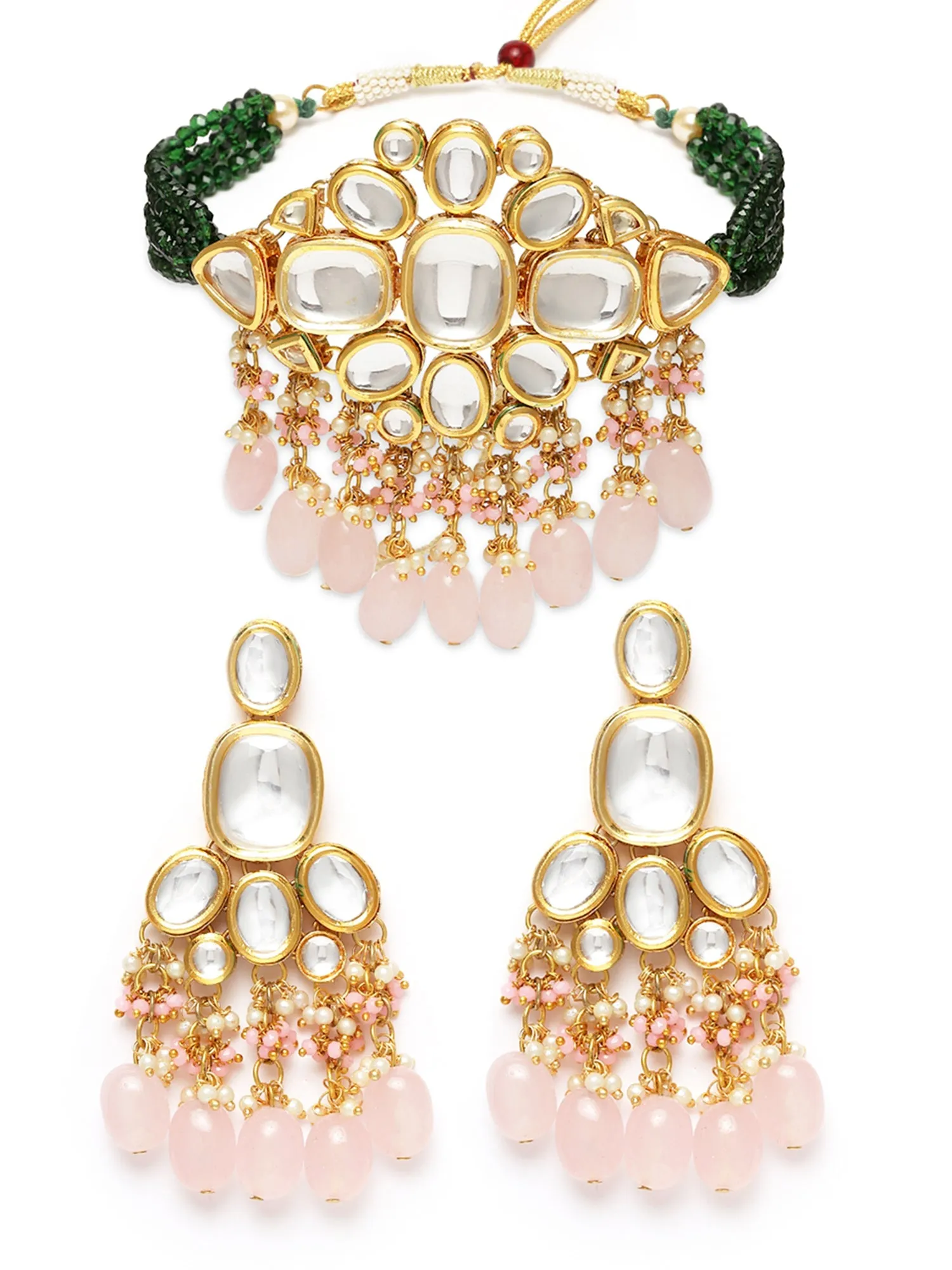 Karatcart Gold Polki Kundan Pink Tumble Choker Necklace Setfor Women
