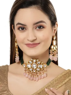 Karatcart Gold Polki Kundan Pink Tumble Choker Necklace Setfor Women