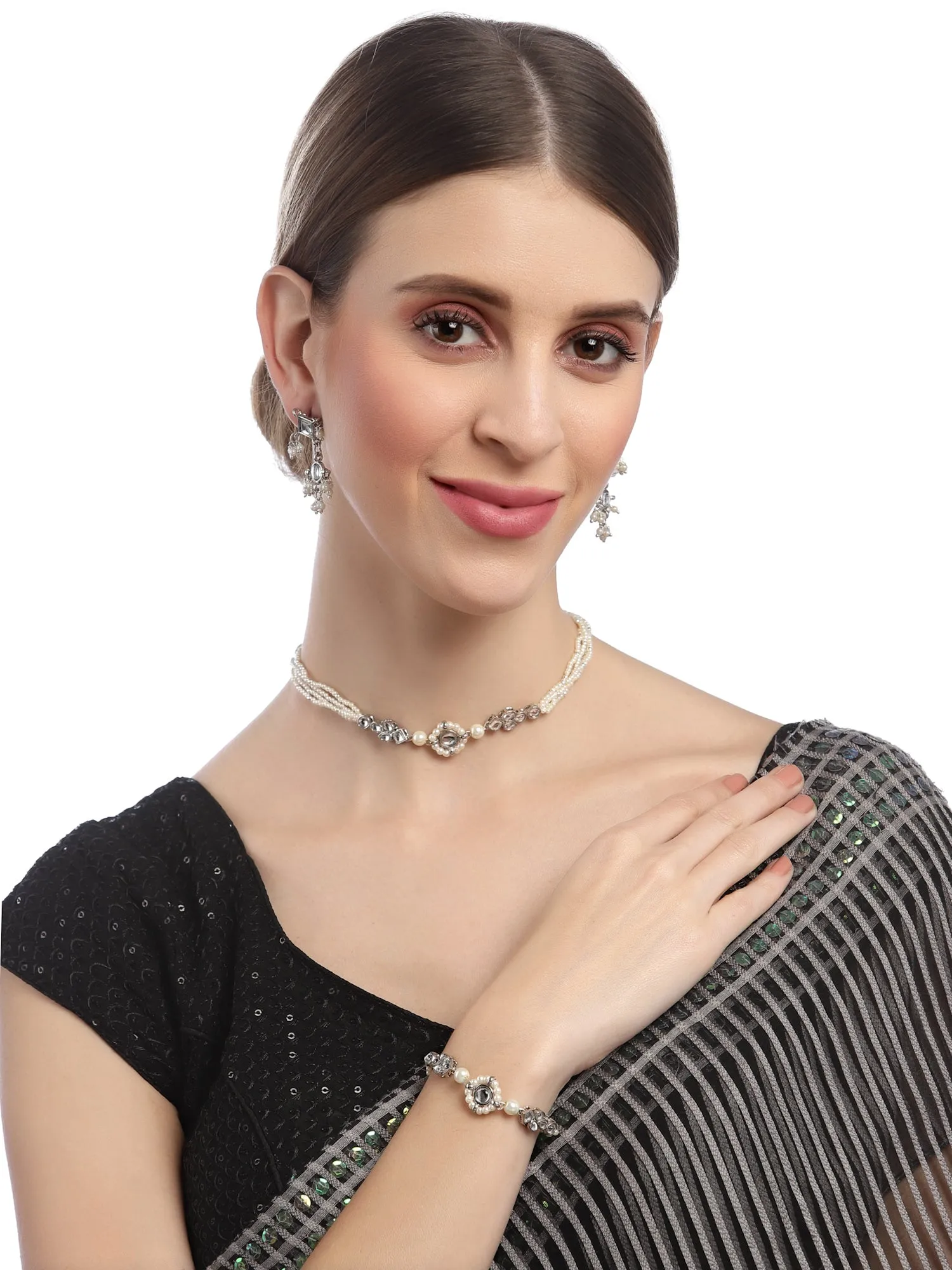 Karatcart Oxidised Silver Necklace with Earrings and Bracelet