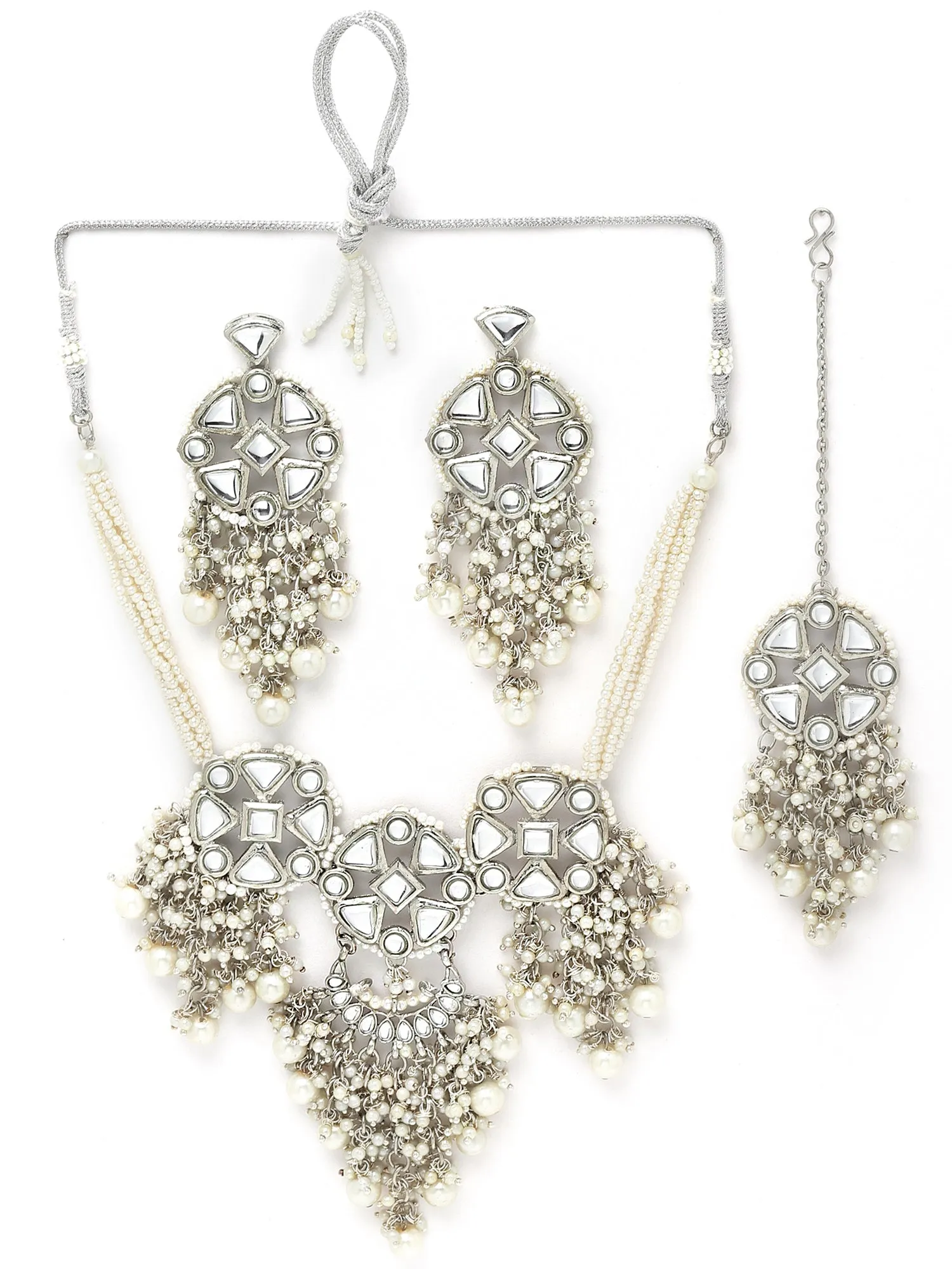 Karatcart Oxidised Silver Pearl Studded Floral Kundan Choker Neckalce Set