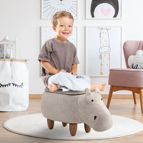 Kids 4-in-1 Stool, Storage Box, Footrest & Seat | Super Cute Hippo Design