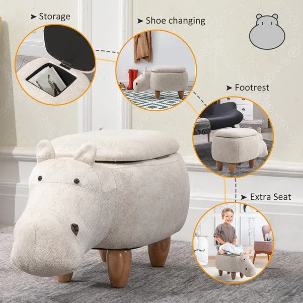 Kids 4-in-1 Stool, Storage Box, Footrest & Seat | Super Cute Hippo Design