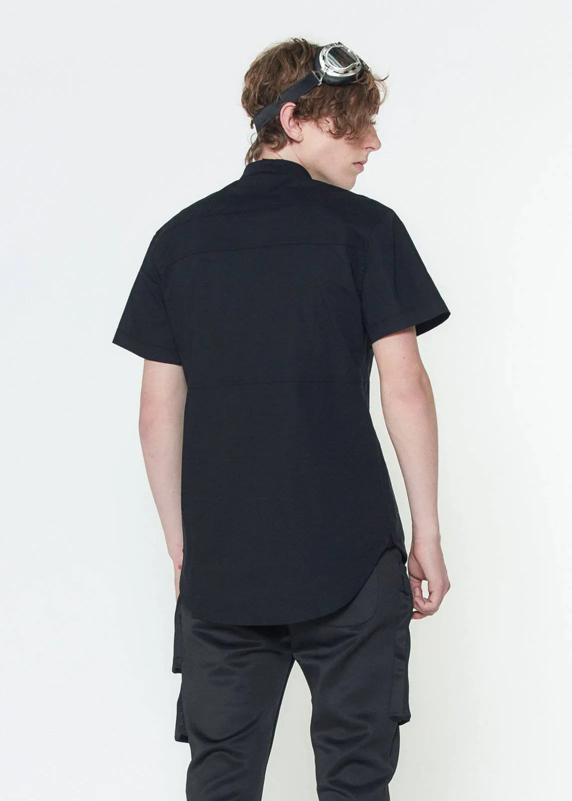 Konus Men's Short Sleeve Band Collar Panel Shirt in Black