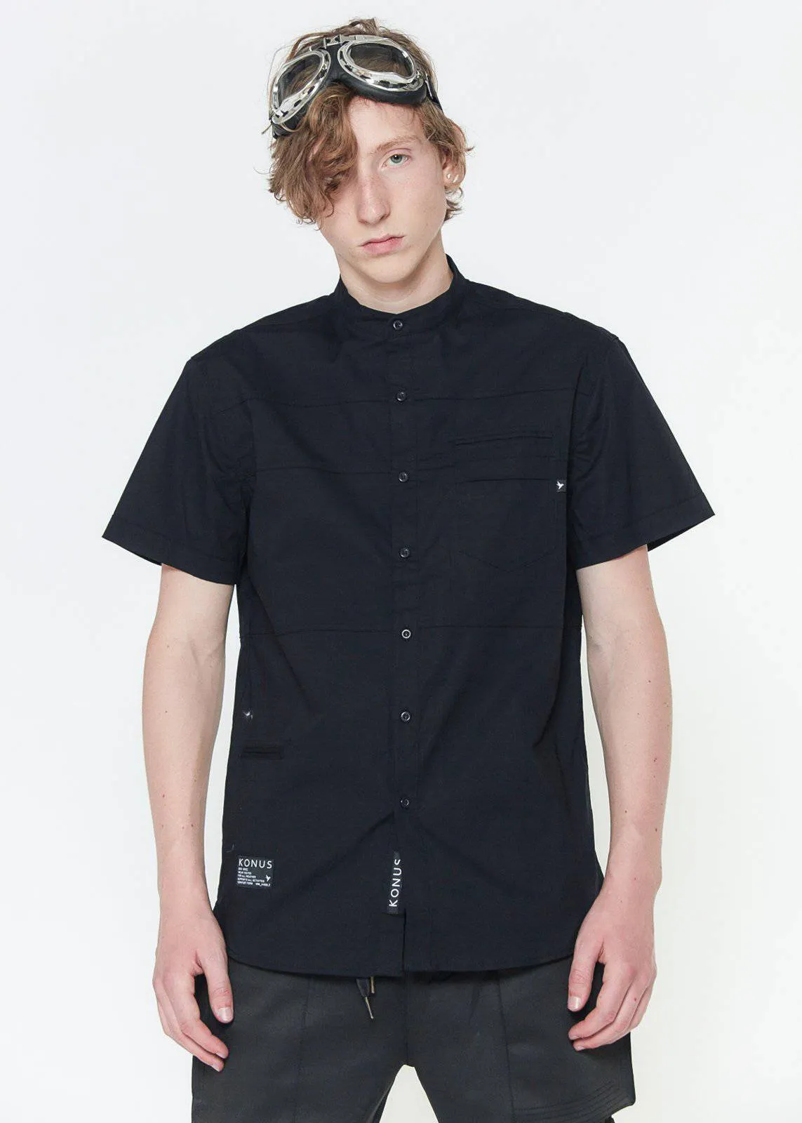 Konus Men's Short Sleeve Band Collar Panel Shirt in Black