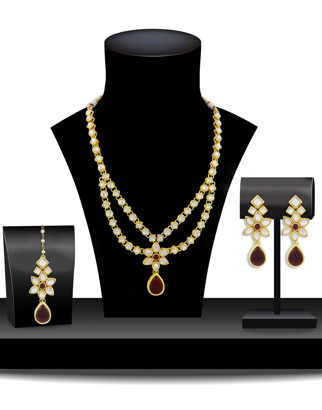 Kundan Layered Red Drop Ethnic Necklace set For Women