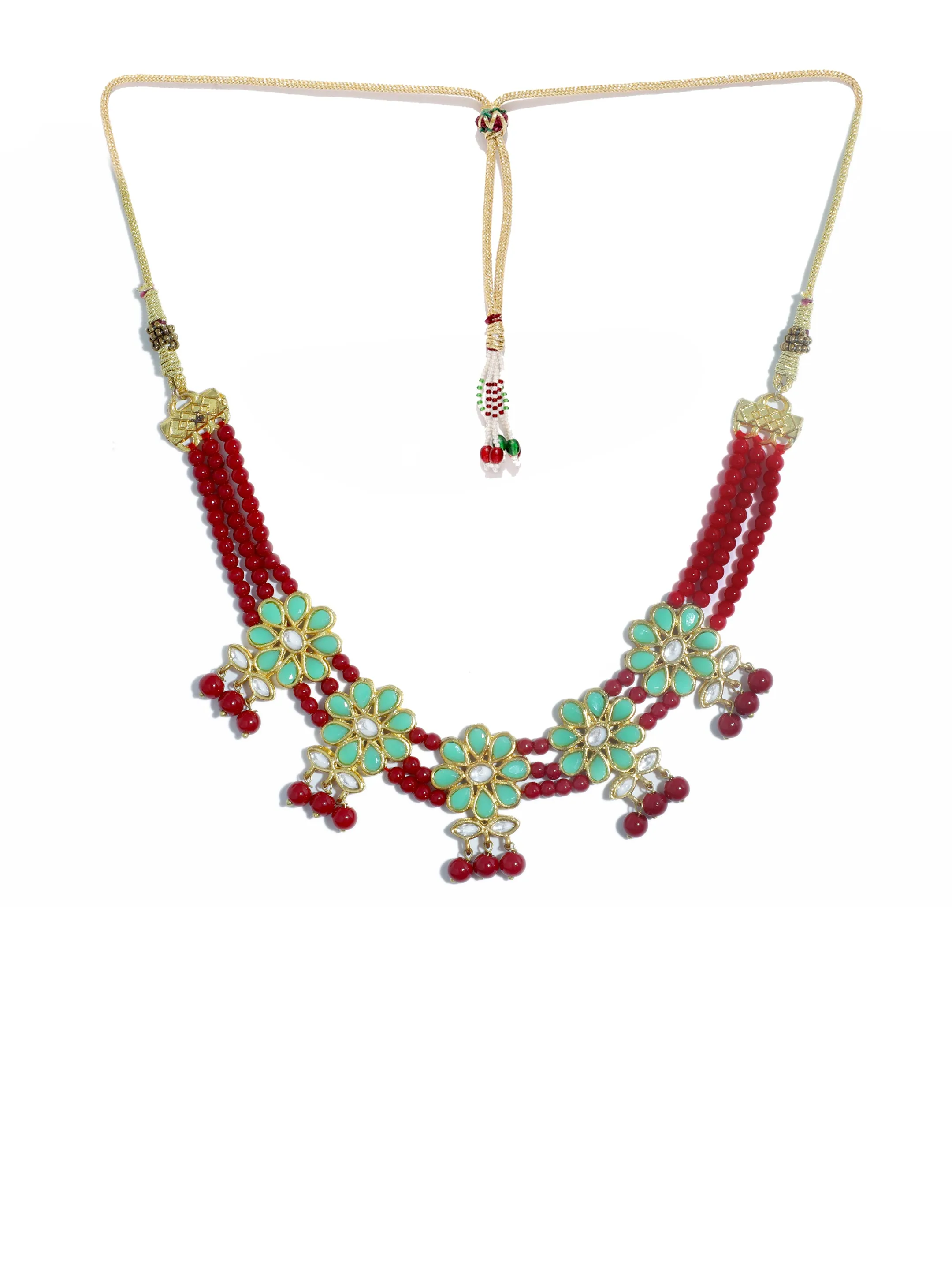 Kundan Red and Mint Green Beaded Choker Necklace Set