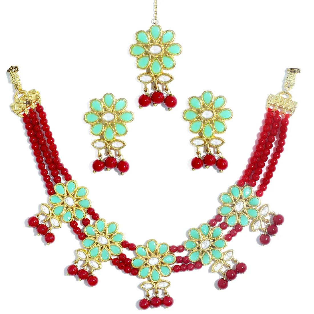 Kundan Red and Mint Green Beaded Choker Necklace Set