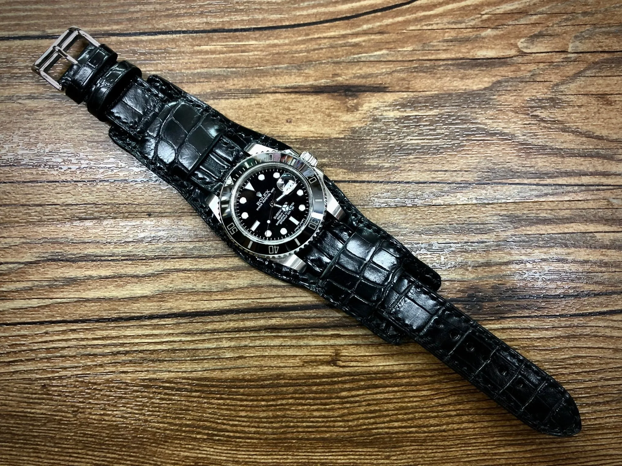 Leather Watch Straps in Alligator Skin, Leather Watch Strap 20mm 22mm, Black Leather bund Straps, Round Shape Cuff Strap, Personalise Watch Band