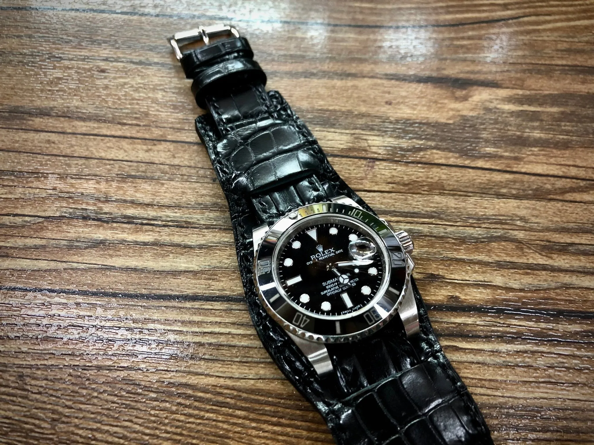 Leather Watch Straps in Alligator Skin, Leather Watch Strap 20mm 22mm, Black Leather bund Straps, Round Shape Cuff Strap, Personalise Watch Band