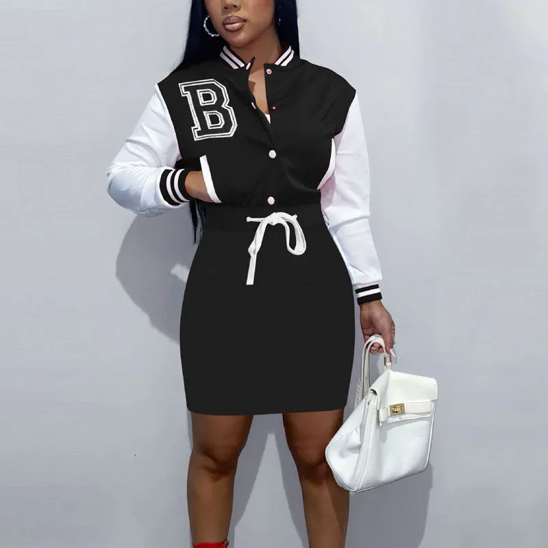 Letter Print Long Sleeve Drawstring Bodycon Dress