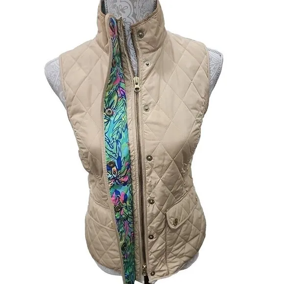 Lilly Pulitzer Quilted Vest Getaway Travel Beige Exterior Pockets Women's XS