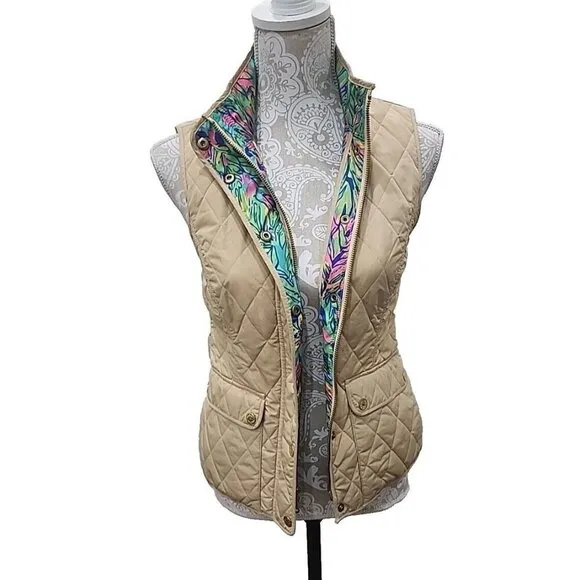 Lilly Pulitzer Quilted Vest Getaway Travel Beige Exterior Pockets Women's XS